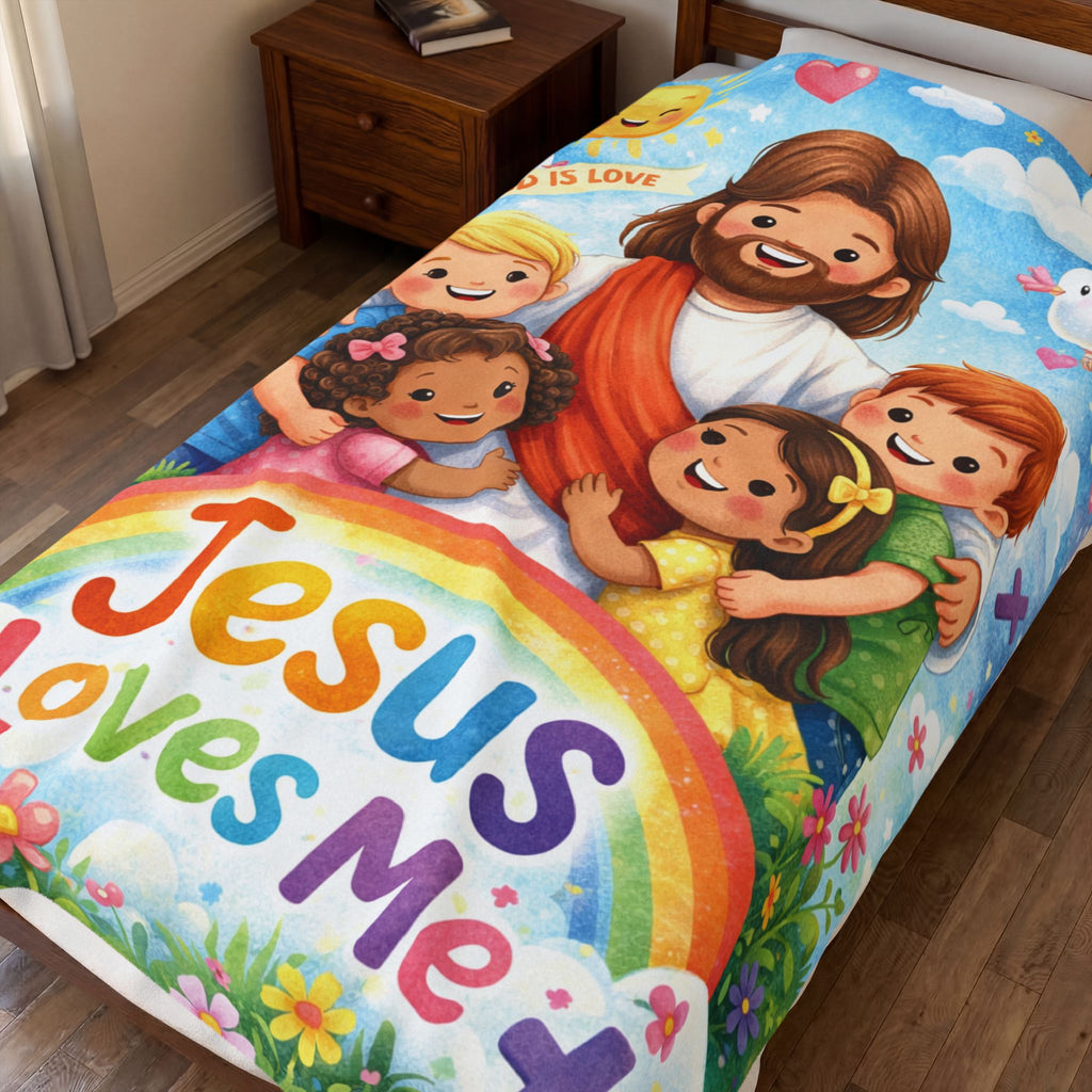 Kids' Jesus Loves Me Velveteen Plush Blanket – Christian Nursery Gift