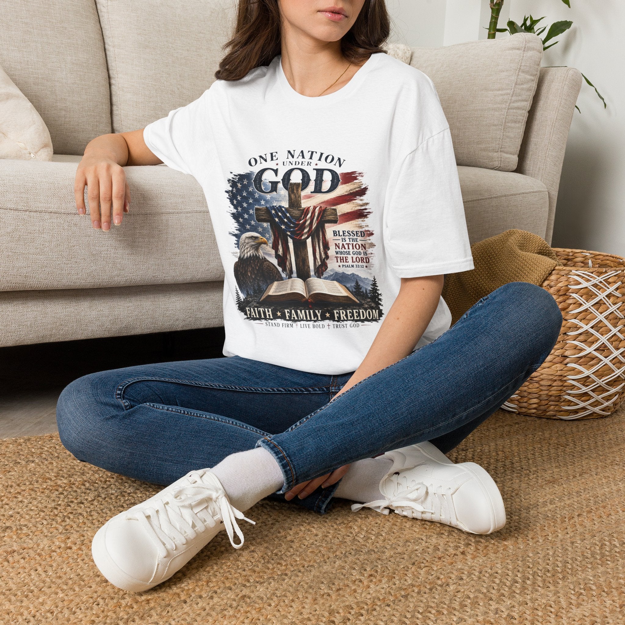 One Nation Under God T-Shirt — Patriotic American Flag Cross Design