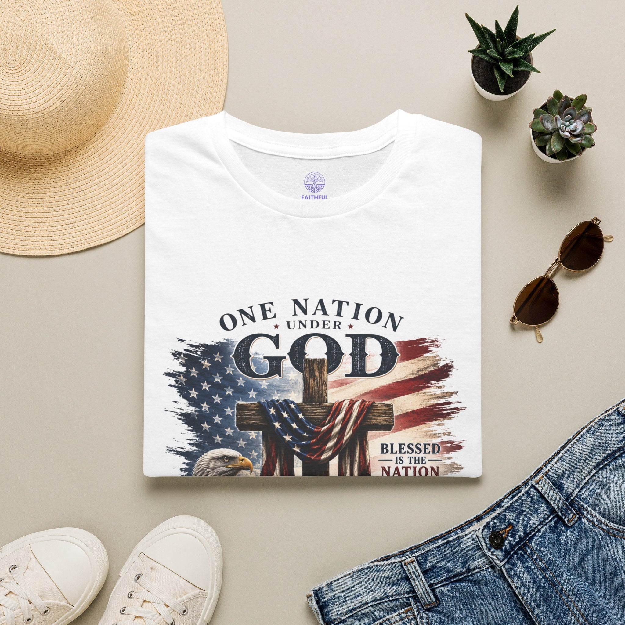 One Nation Under God T-Shirt — Patriotic American Flag Cross Design