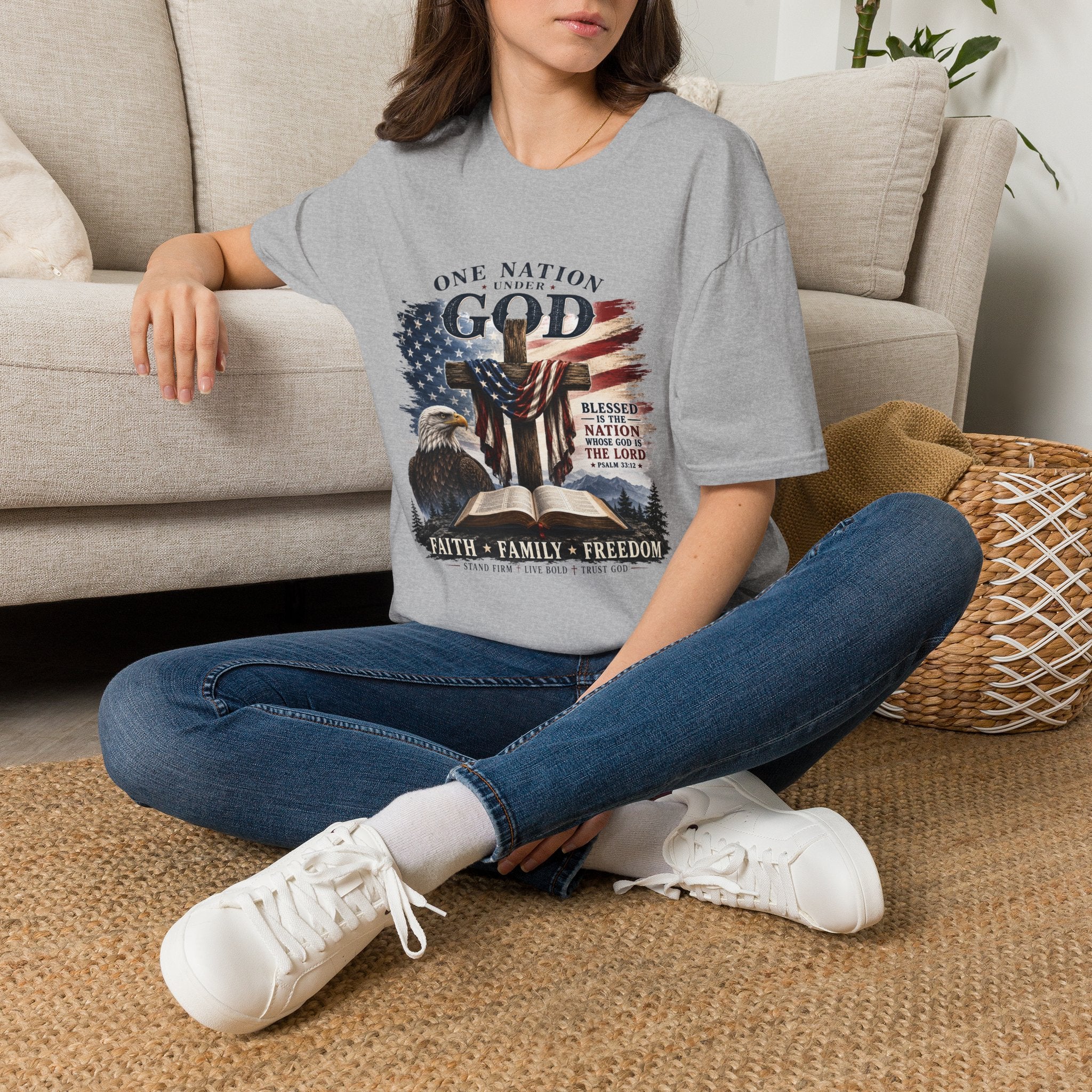 One Nation Under God T-Shirt — Patriotic American Flag Cross Design