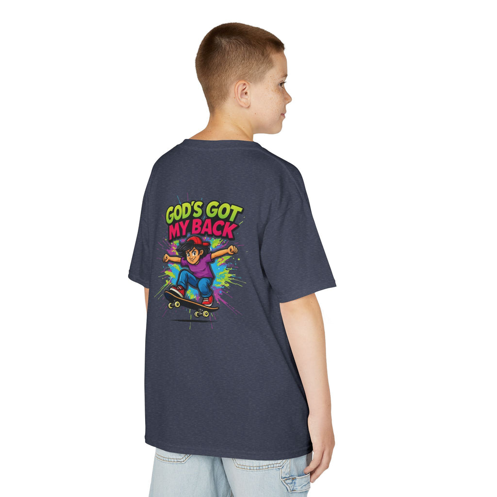 Kids Tee — "God's Got My Back" Colorful Skateboard Faith Shirt