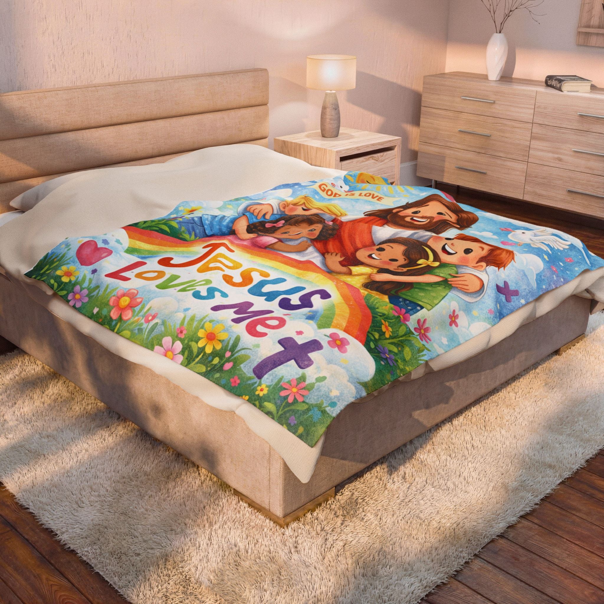 Kids' Jesus Loves Me Velveteen Plush Blanket – Christian Nursery Gift