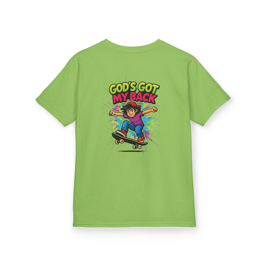Kids Tee — "God's Got My Back" Colorful Skateboard Faith Shirt