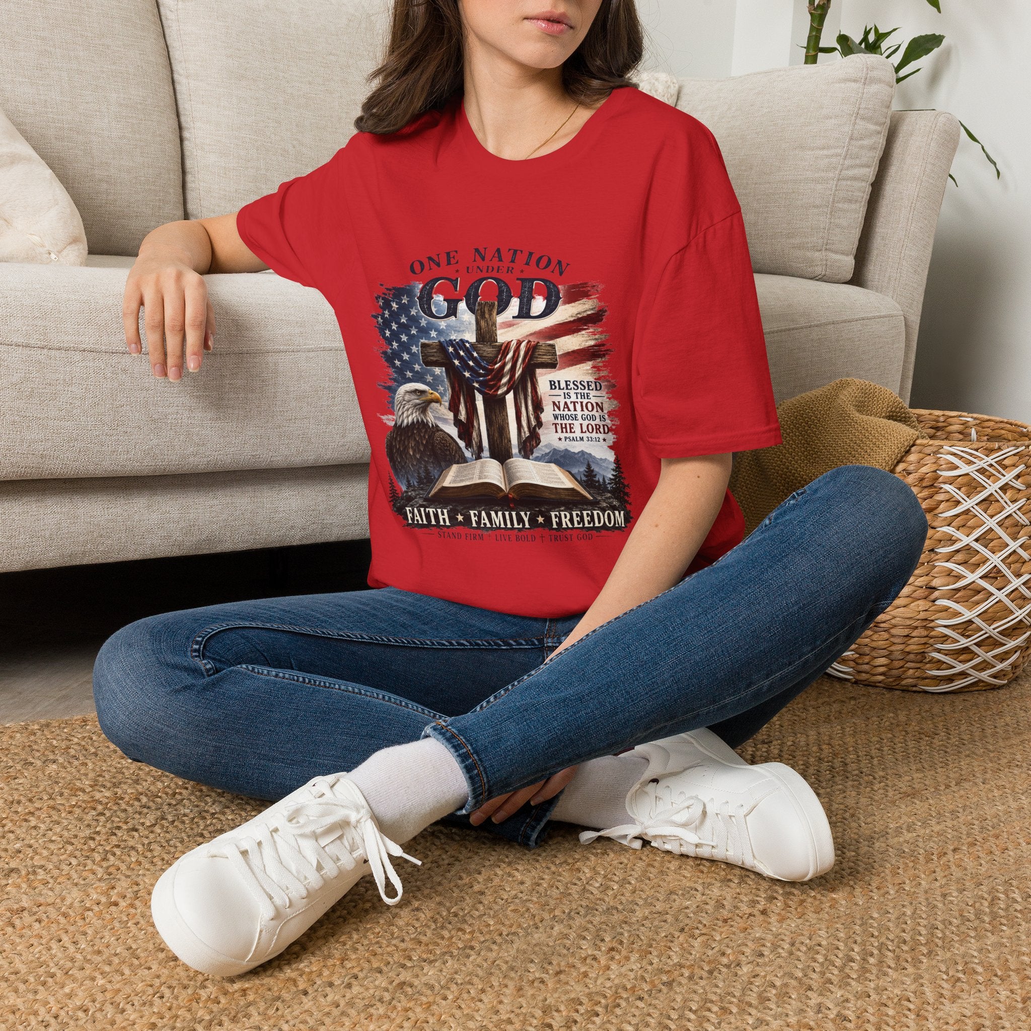One Nation Under God T-Shirt — Patriotic American Flag Cross Design