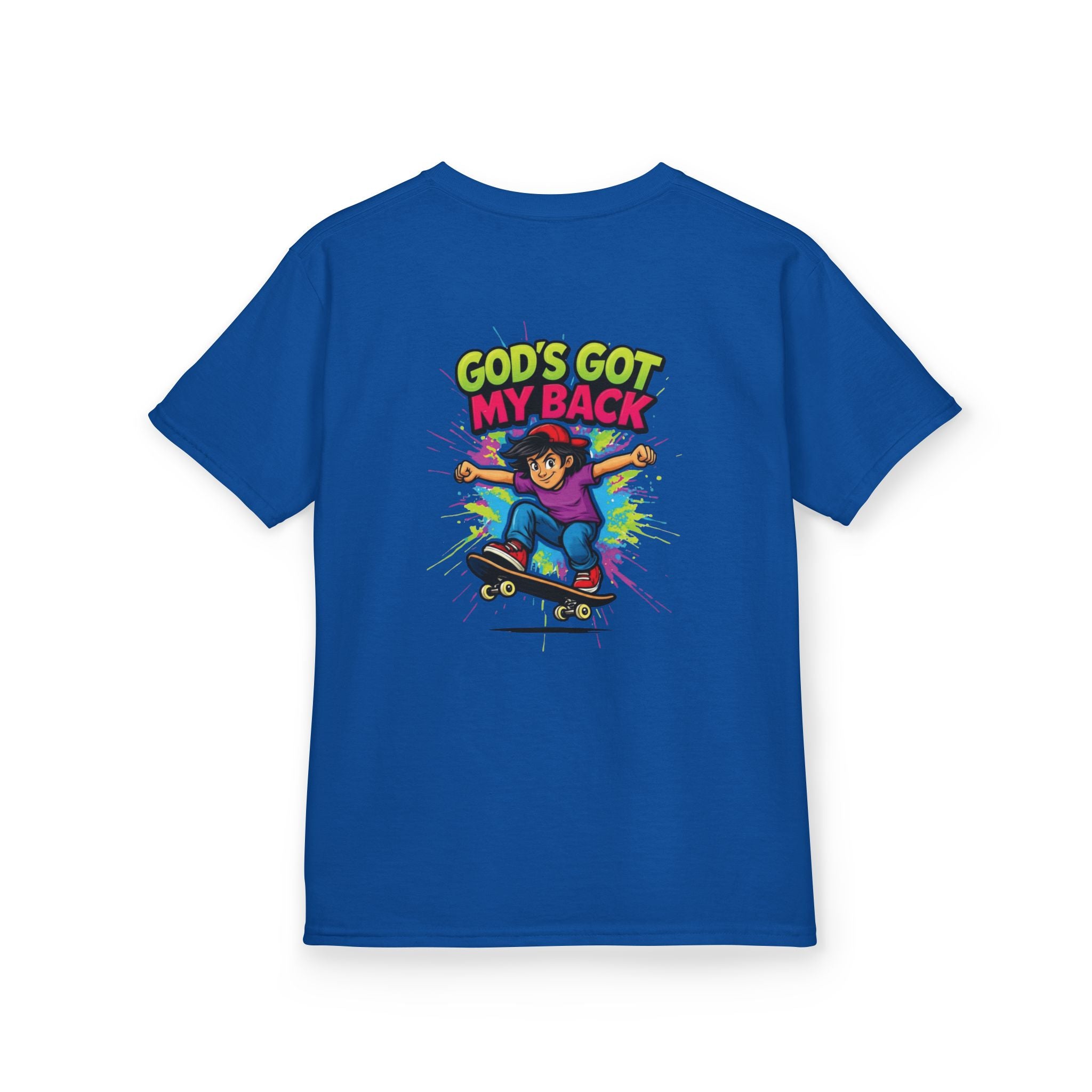 Kids Tee — "God's Got My Back" Colorful Skateboard Faith Shirt