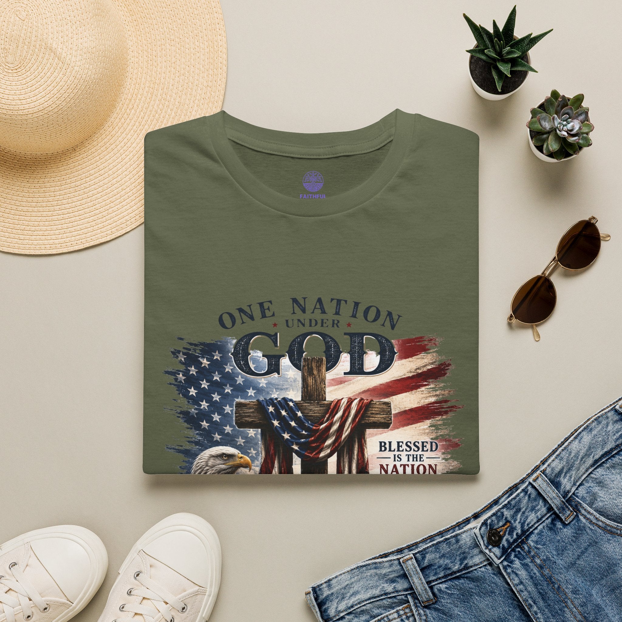 One Nation Under God T-Shirt — Patriotic American Flag Cross Design