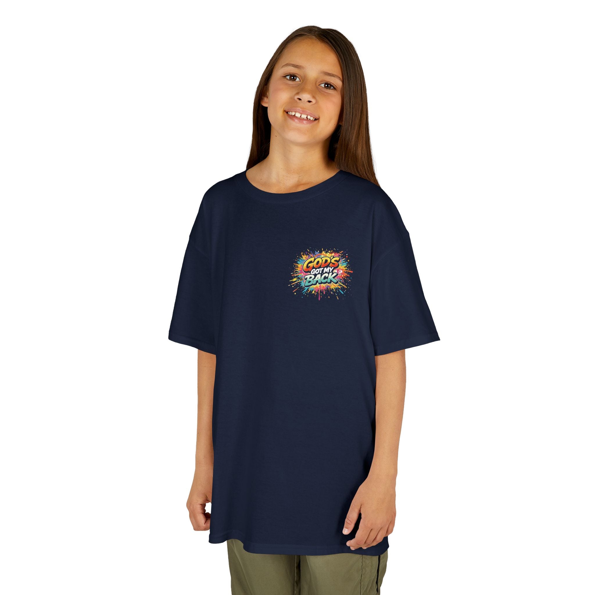 Kids Tee — "God's Got My Back" Colorful Skateboard Faith Shirt