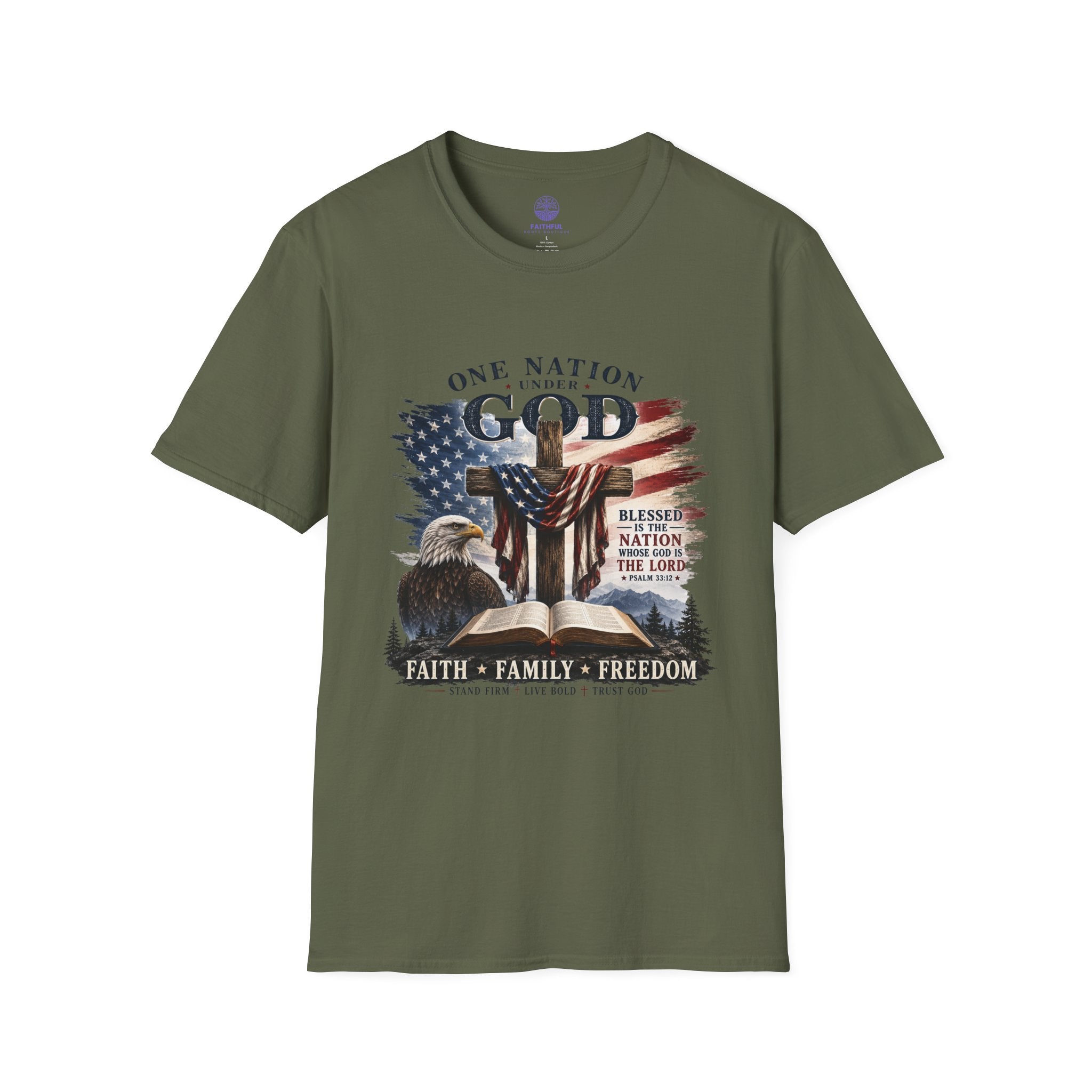 One Nation Under God T-Shirt — Patriotic American Flag Cross Design