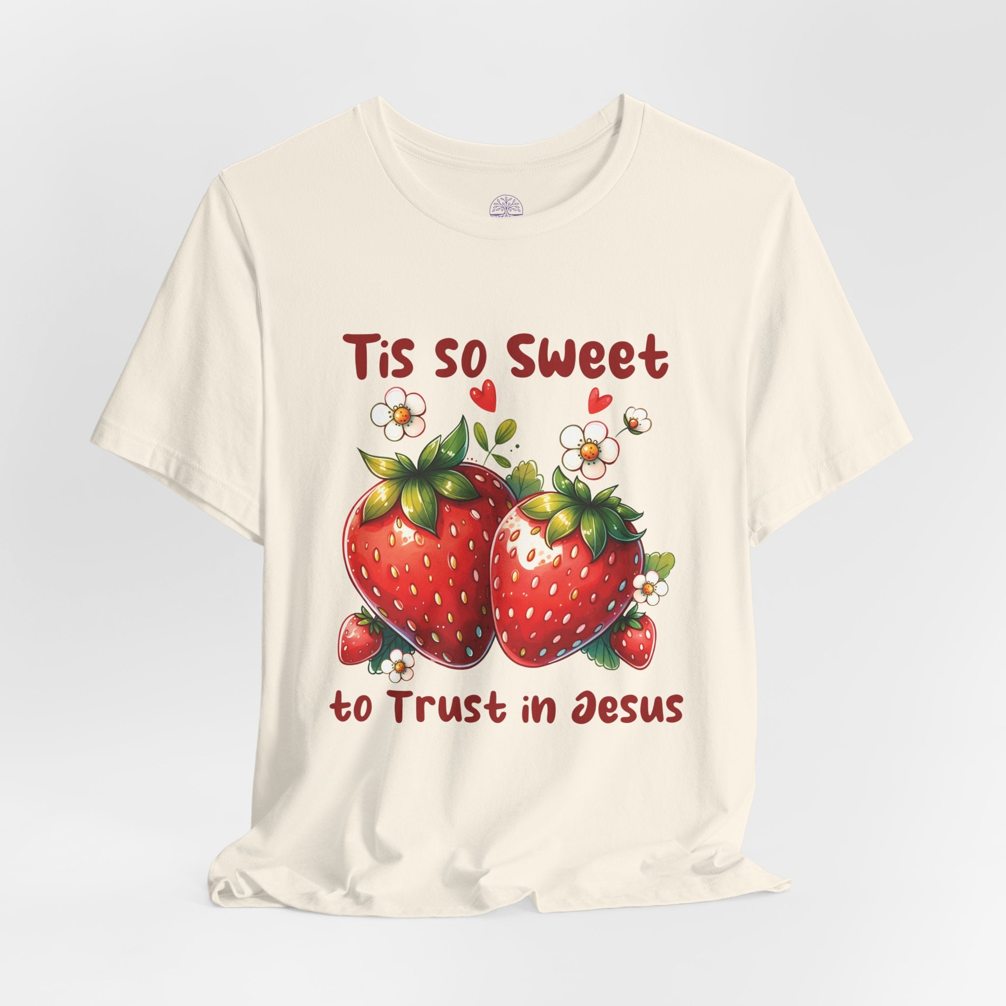 Christian Strawberry Tee — "Tis So Sweet to Trust in Jesus" Short Sleeve Shirt