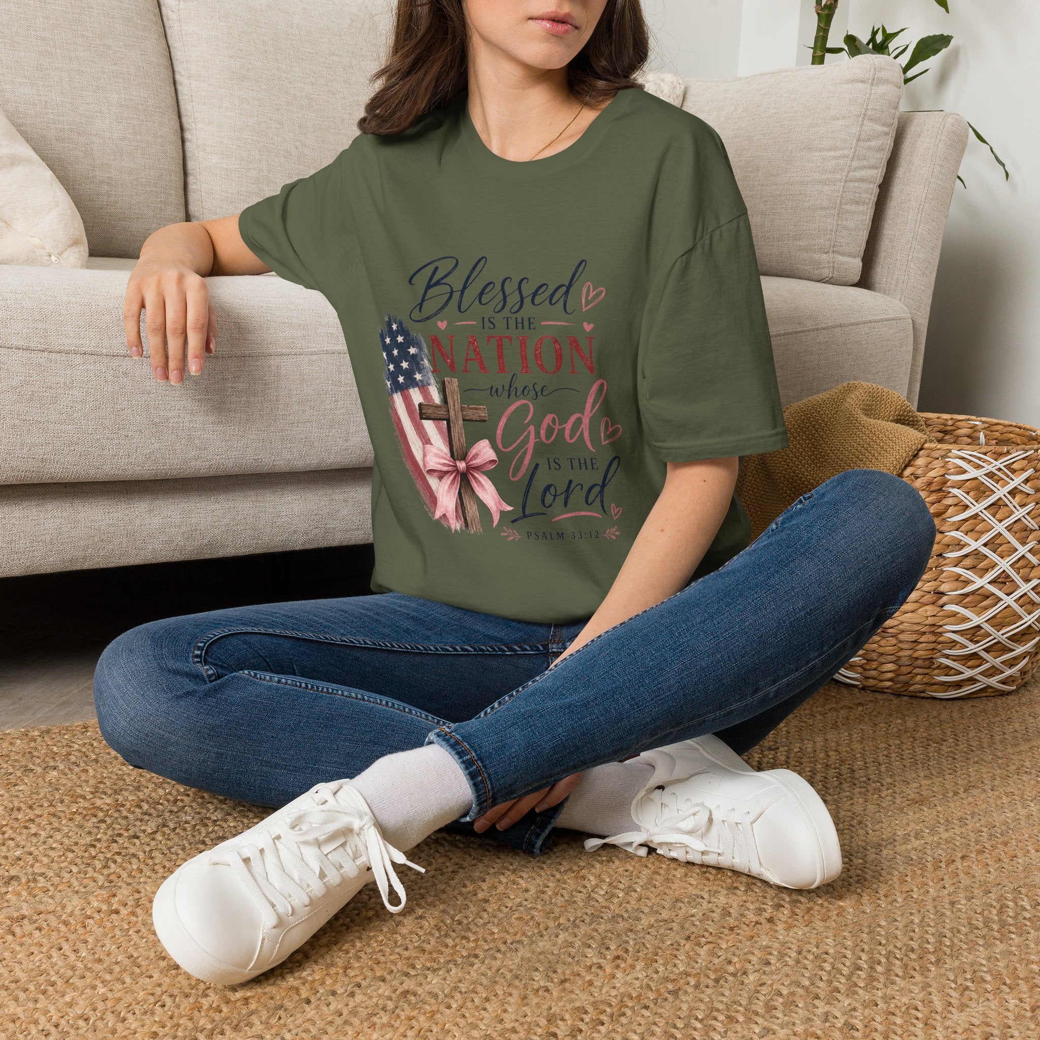Blessed Is the Nation Christian T‑Shirt — Patriotic USA Flag & Cross Faith Tee
