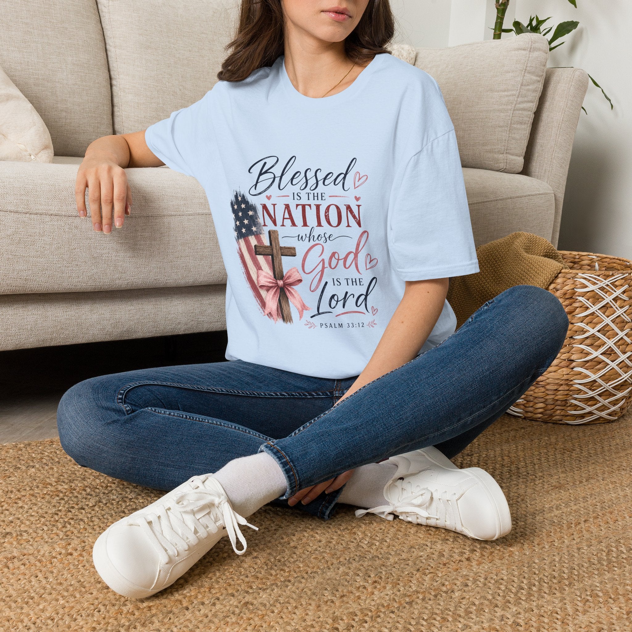 Blessed Is the Nation Christian T‑Shirt — Patriotic USA Flag & Cross Faith Tee