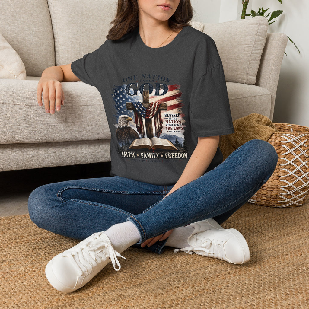 One Nation Under God T-Shirt — Patriotic American Flag Cross Design
