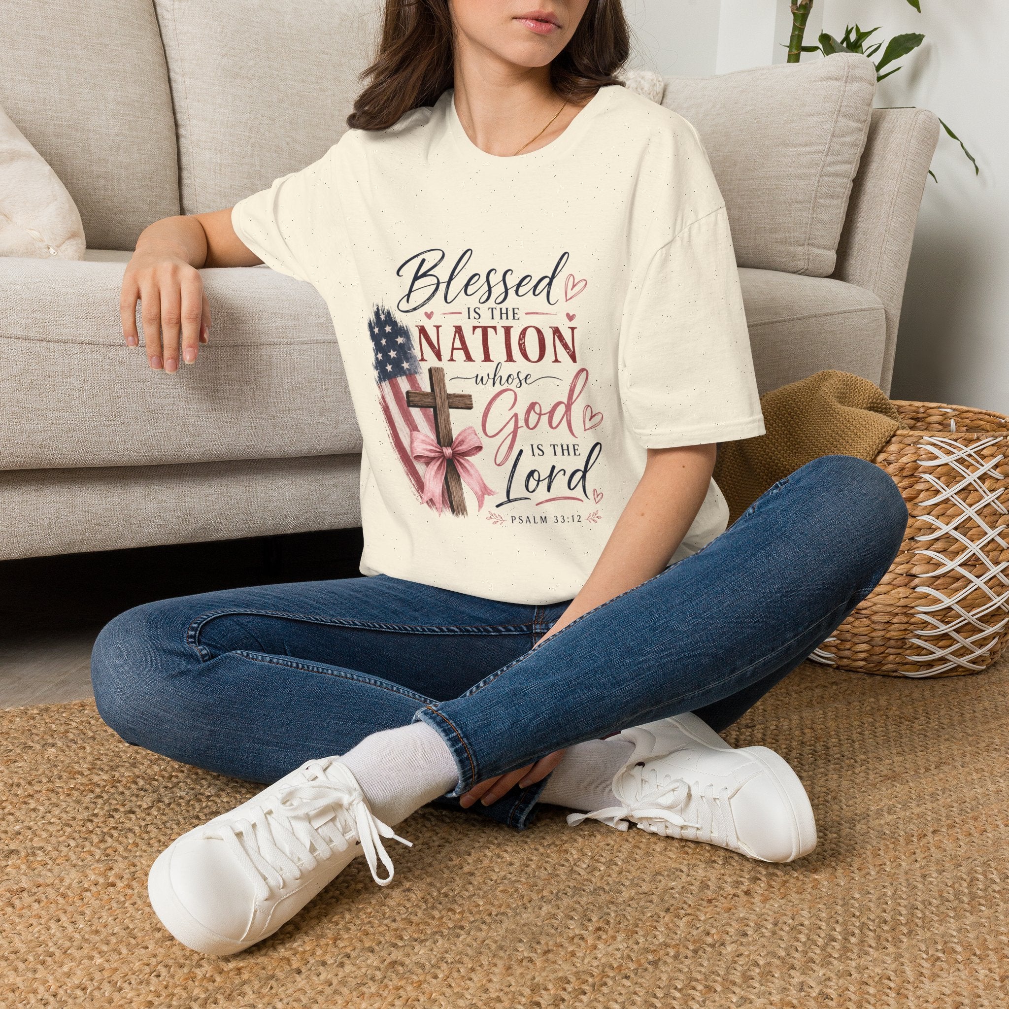 Blessed Is the Nation Christian T‑Shirt — Patriotic USA Flag & Cross Faith Tee