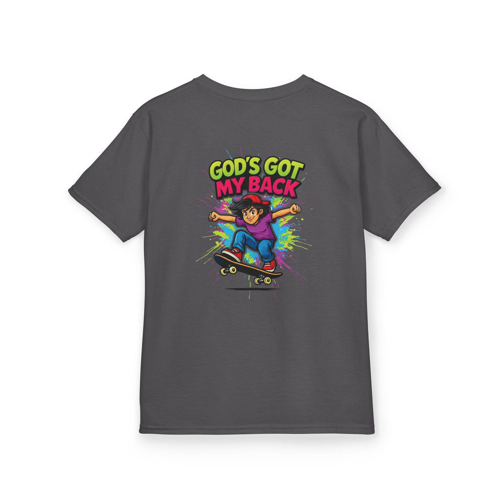 Kids Tee — "God's Got My Back" Colorful Skateboard Faith Shirt