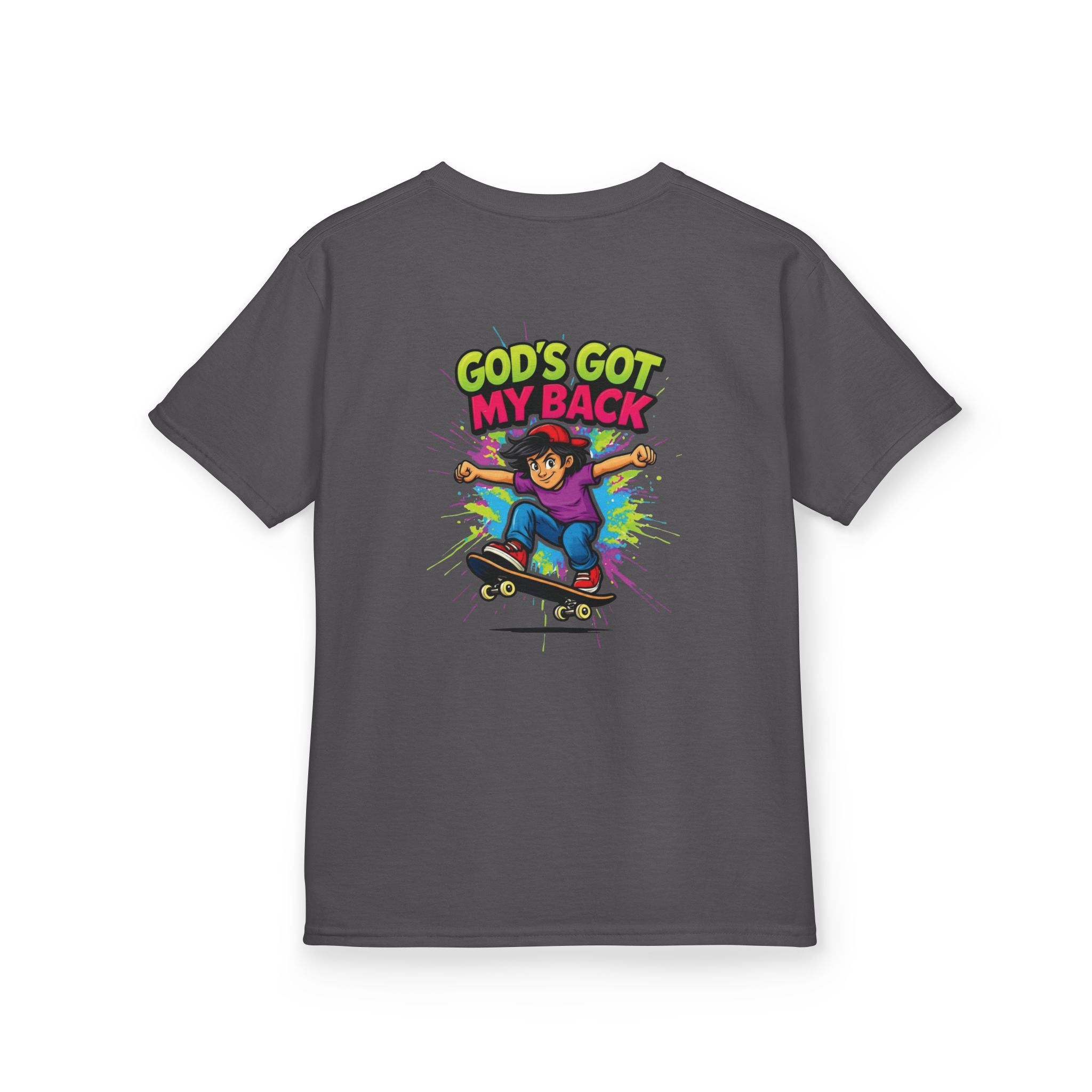 Kids Tee — "God's Got My Back" Colorful Skateboard Faith Shirt