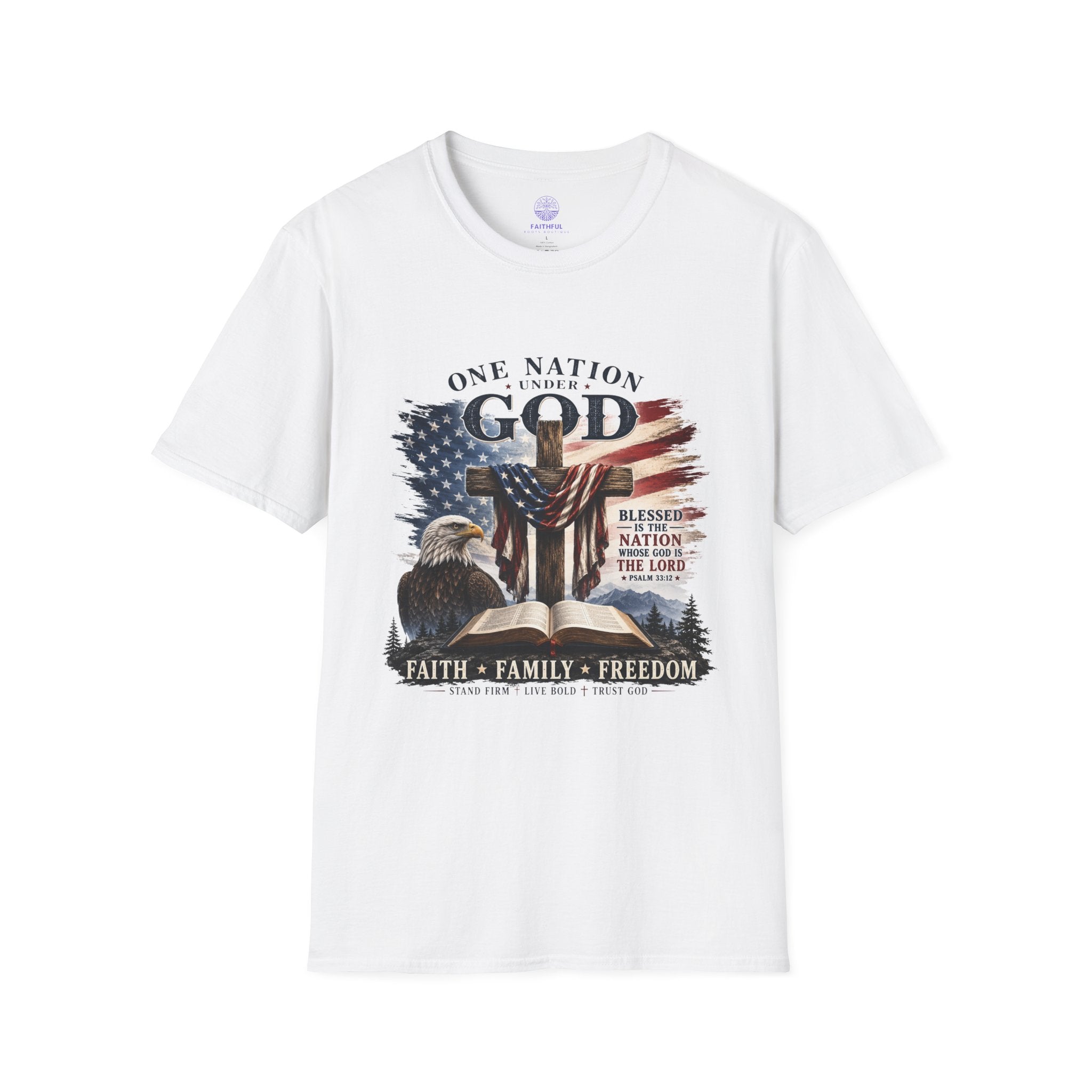 One Nation Under God T-Shirt — Patriotic American Flag Cross Design