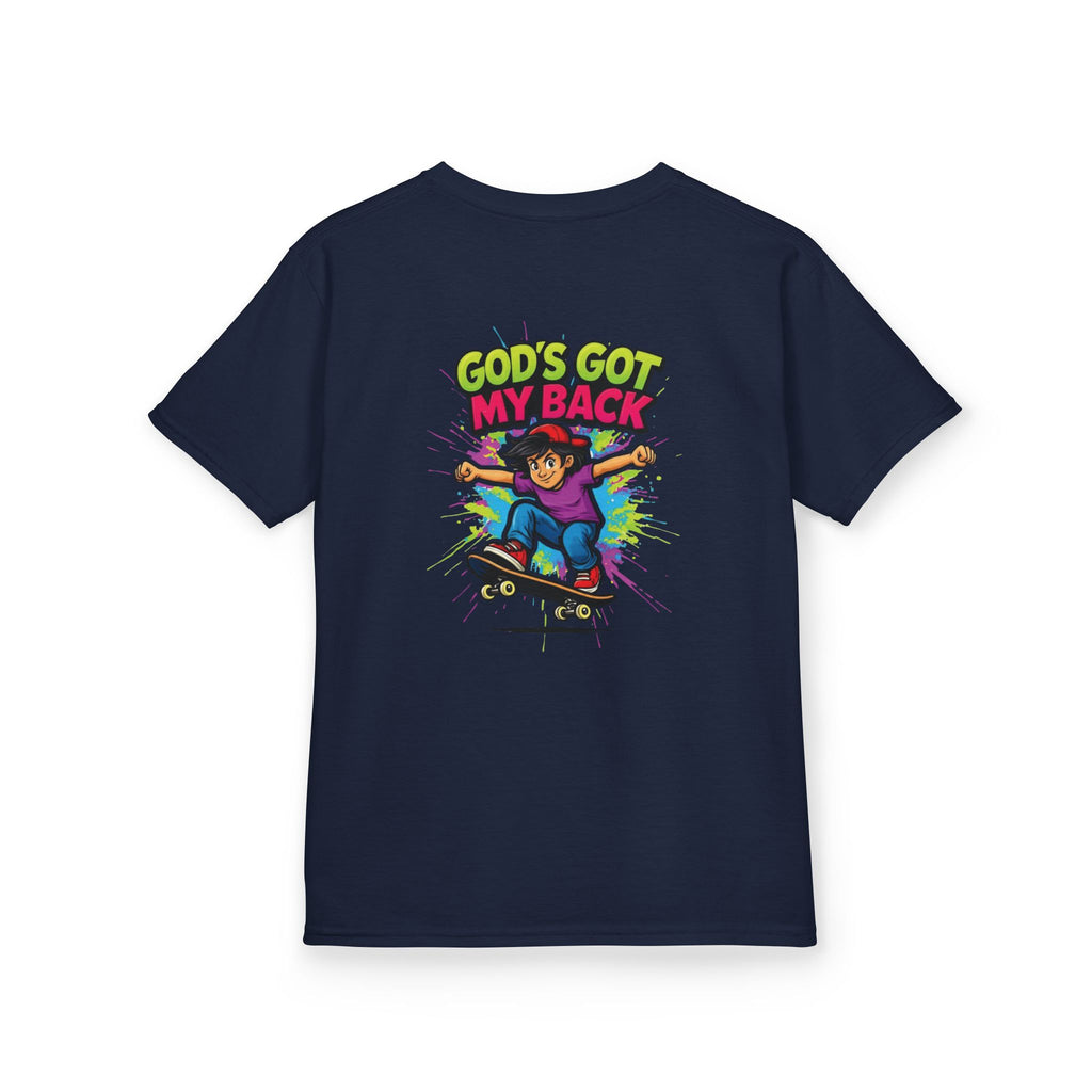 Kids Tee — "God's Got My Back" Colorful Skateboard Faith Shirt