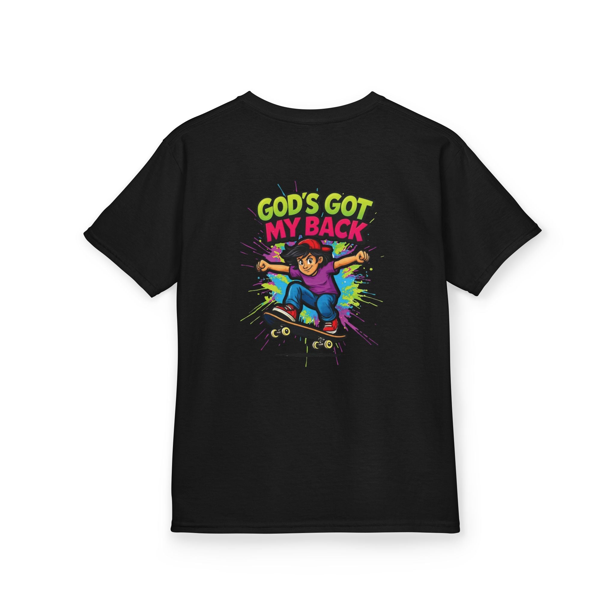 Kids Tee — "God's Got My Back" Colorful Skateboard Faith Shirt