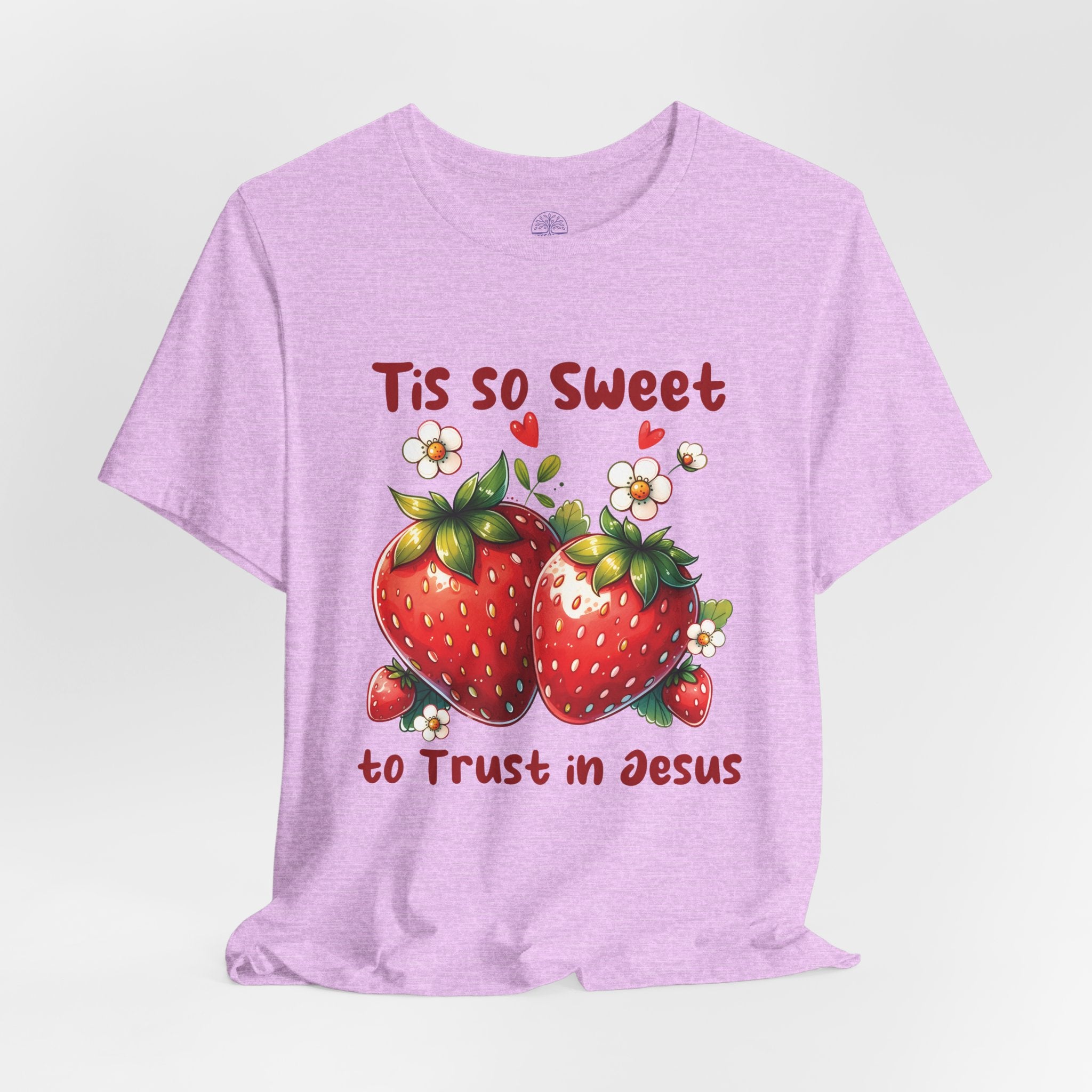 Christian Strawberry Tee — "Tis So Sweet to Trust in Jesus" Short Sleeve Shirt