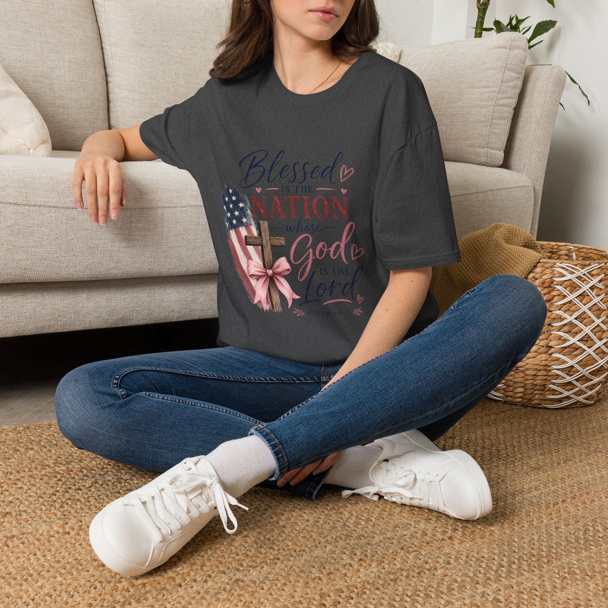 Blessed Is the Nation Christian T‑Shirt — Patriotic USA Flag & Cross Faith Tee
