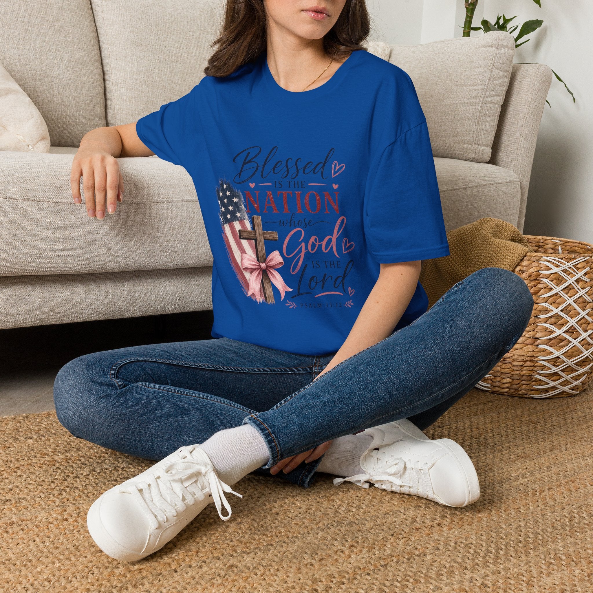 Blessed Is the Nation Christian T‑Shirt — Patriotic USA Flag & Cross Faith Tee