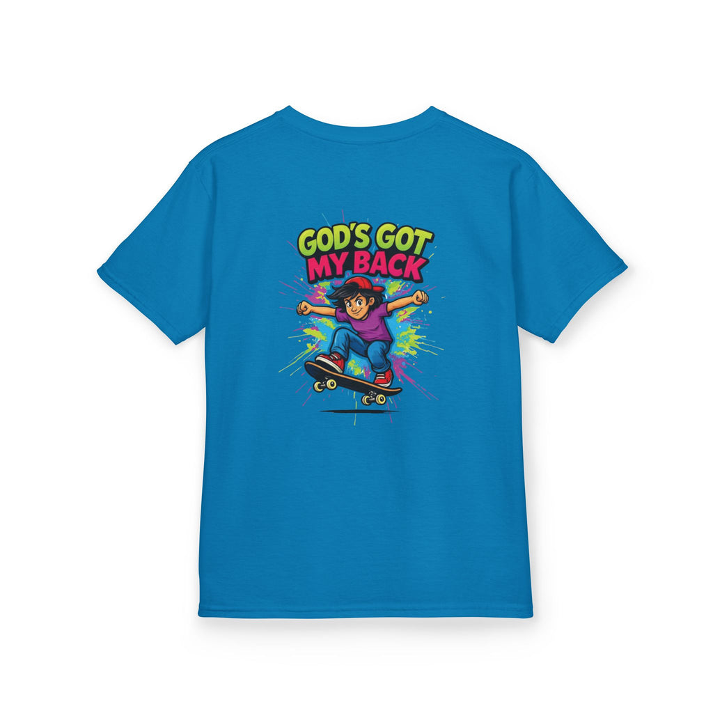 Kids Tee — "God's Got My Back" Colorful Skateboard Faith Shirt