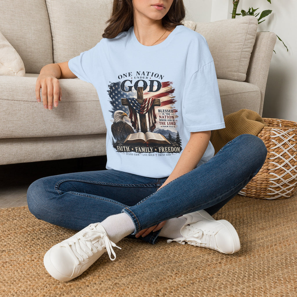 One Nation Under God T-Shirt — Patriotic American Flag Cross Design