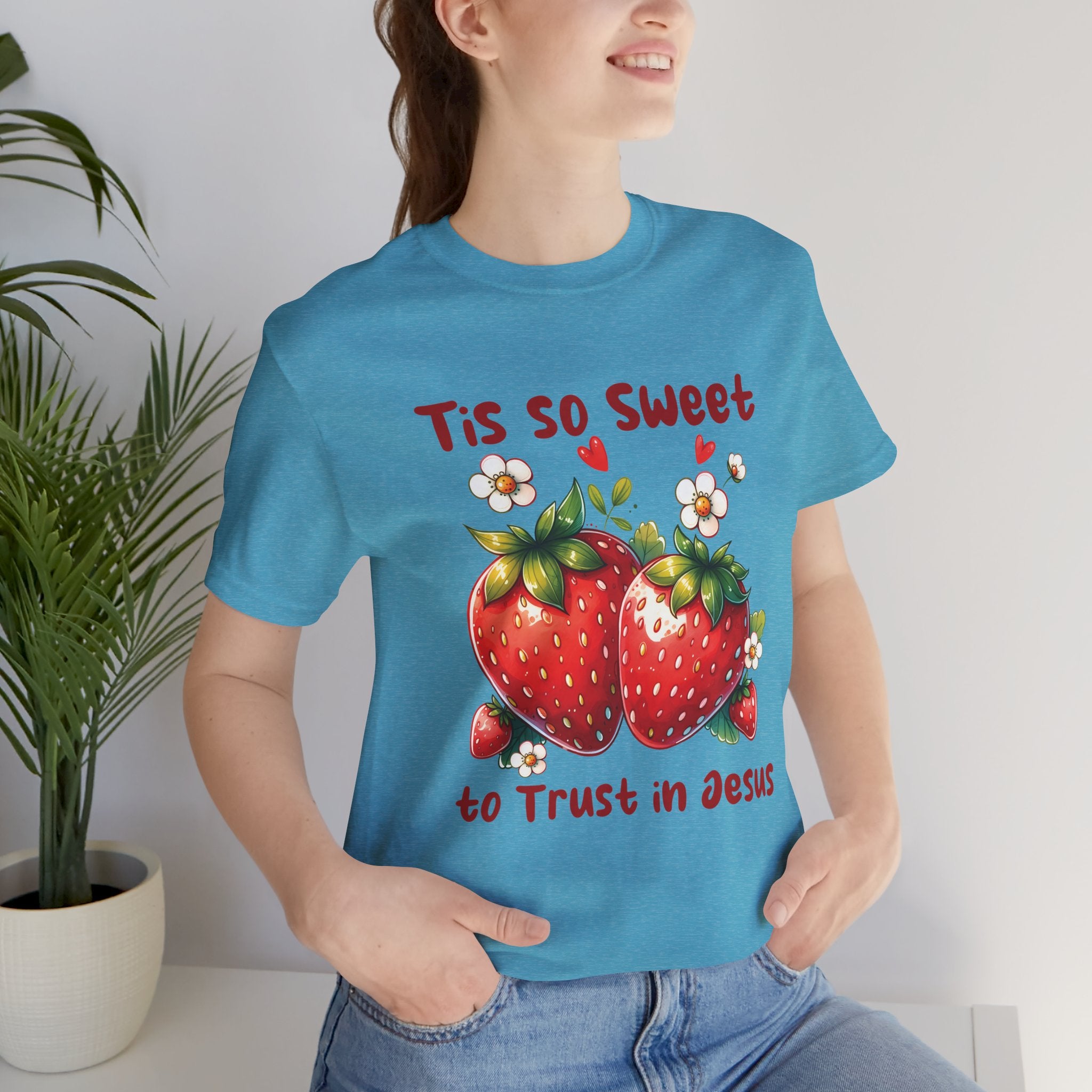 Christian Strawberry Tee — "Tis So Sweet to Trust in Jesus" Short Sleeve Shirt