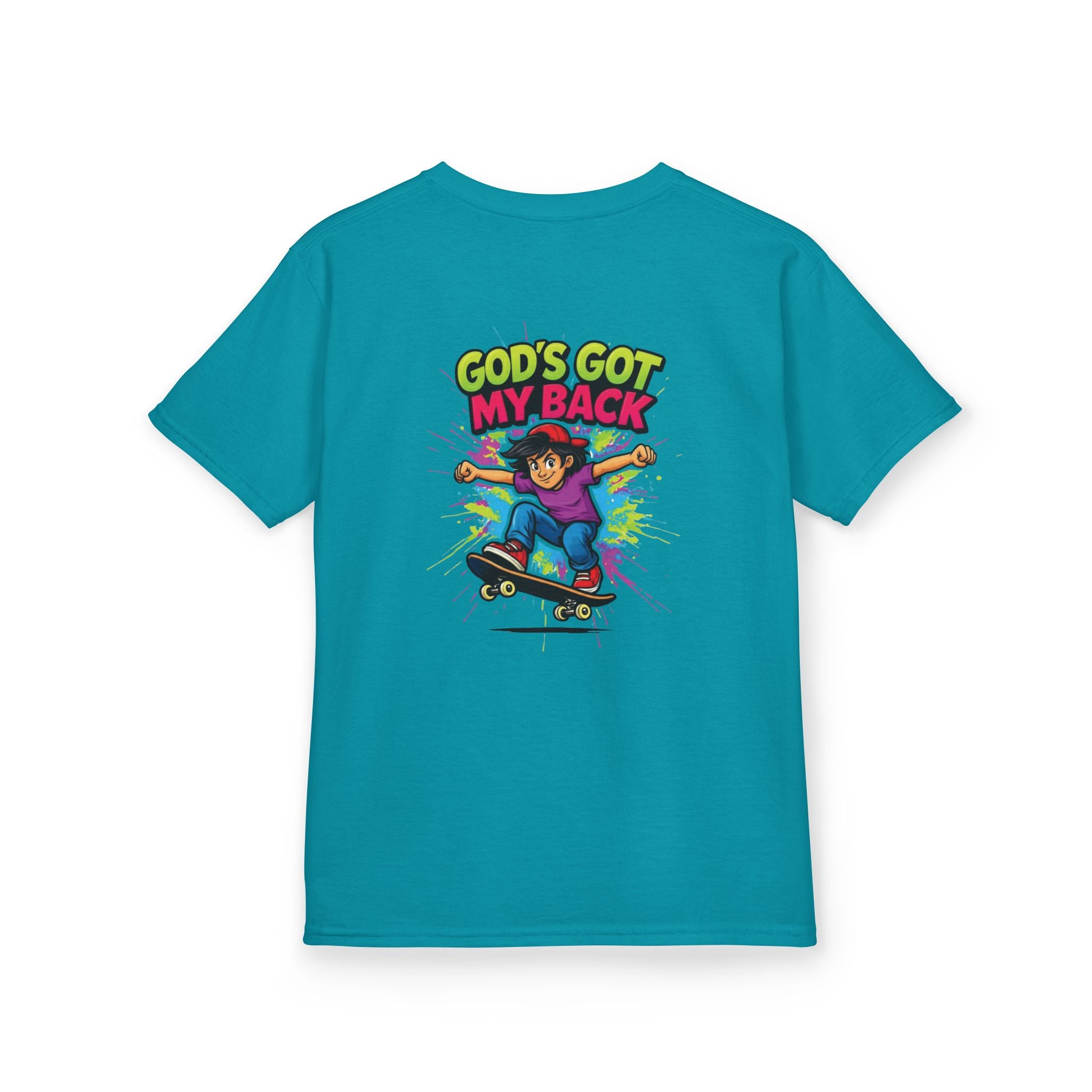 Kids Tee — "God's Got My Back" Colorful Skateboard Faith Shirt