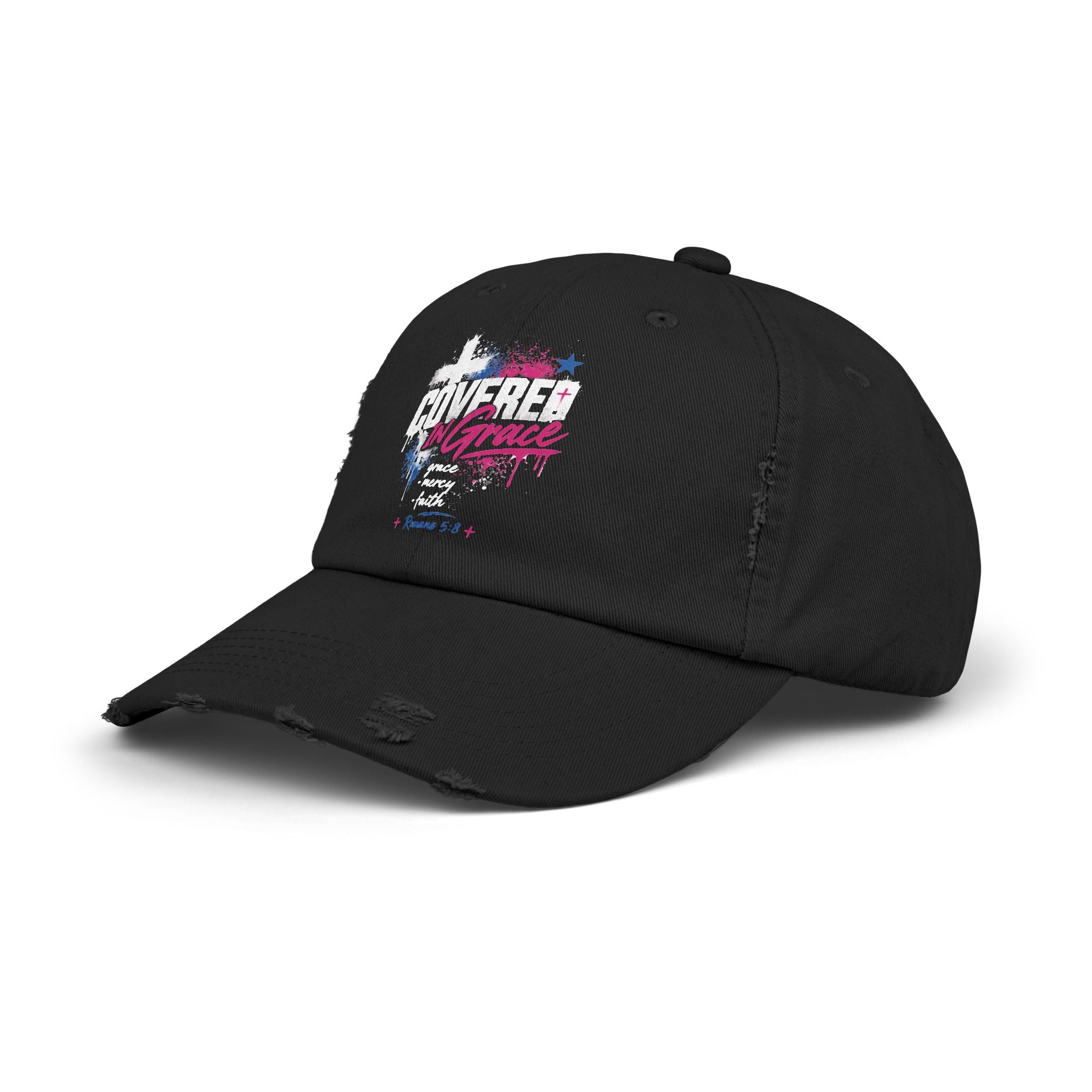 Distressed Baseball Cap — 'Covered In Grace' Retro Paint-Splash Design