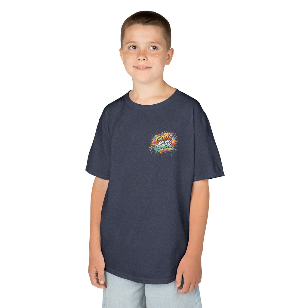 Kids Tee — "God's Got My Back" Colorful Skateboard Faith Shirt