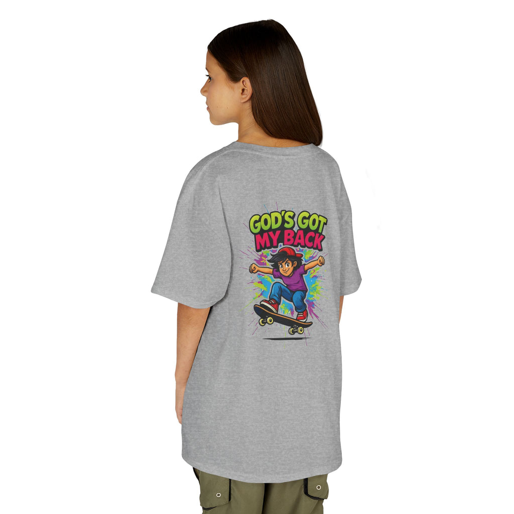 Kids Tee — "God's Got My Back" Colorful Skateboard Faith Shirt
