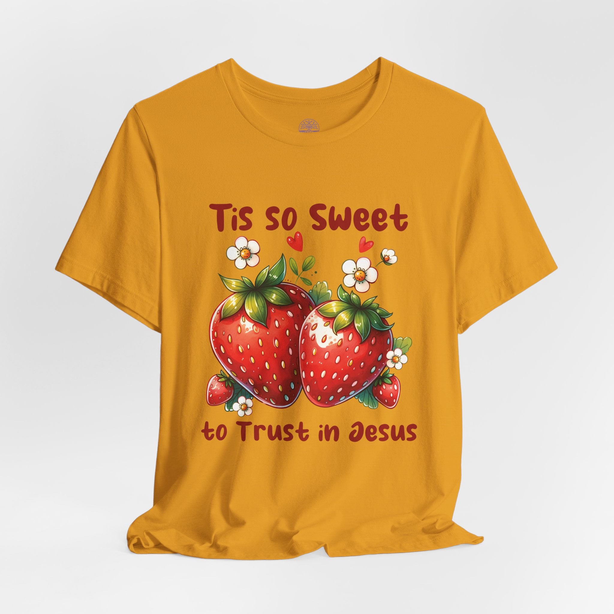 Christian Strawberry Tee — "Tis So Sweet to Trust in Jesus" Short Sleeve Shirt