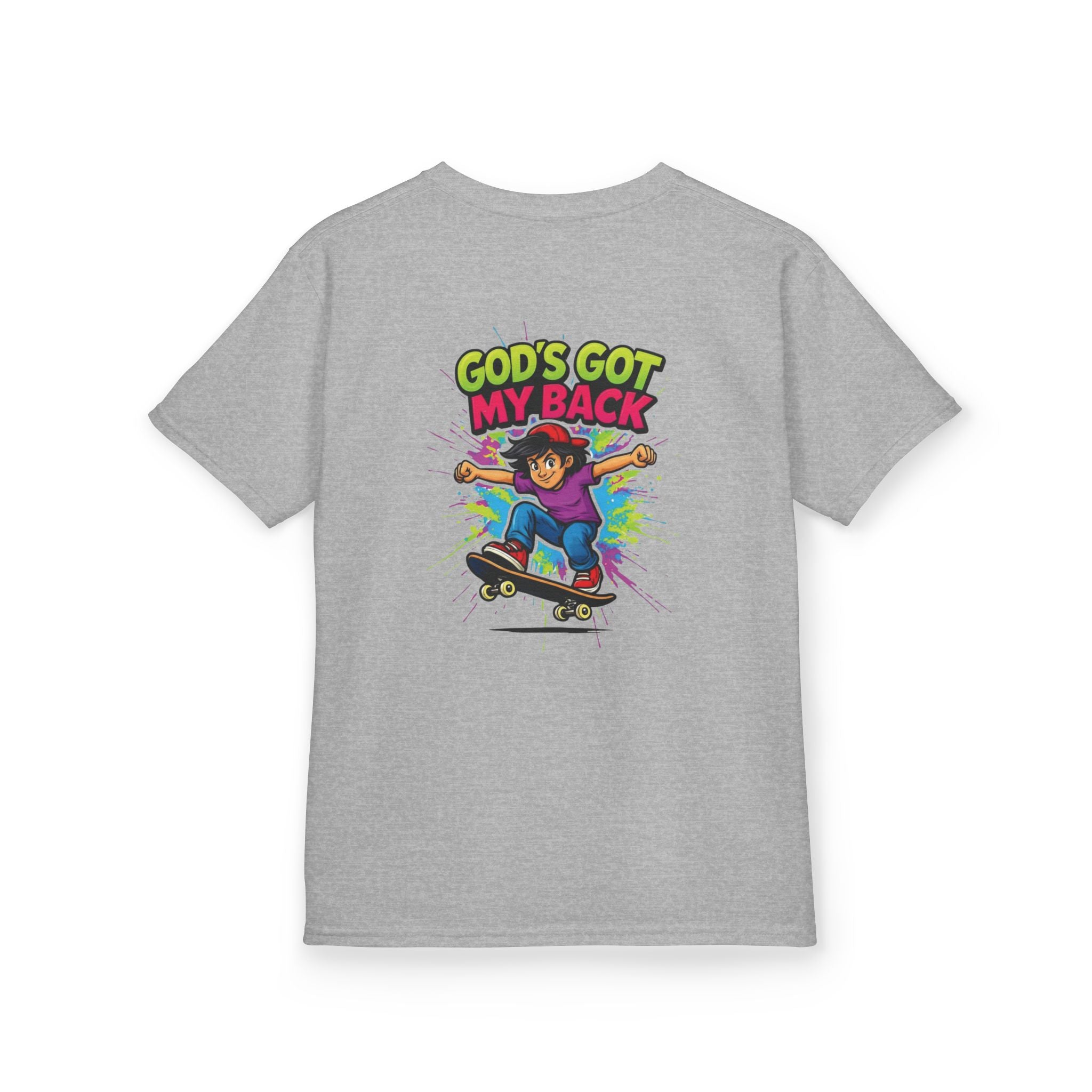 Kids Tee — "God's Got My Back" Colorful Skateboard Faith Shirt
