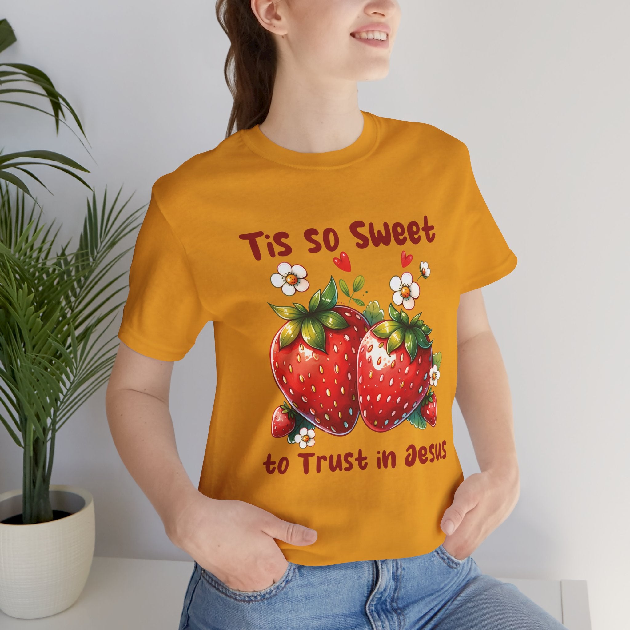 Christian Strawberry Tee — "Tis So Sweet to Trust in Jesus" Short Sleeve Shirt
