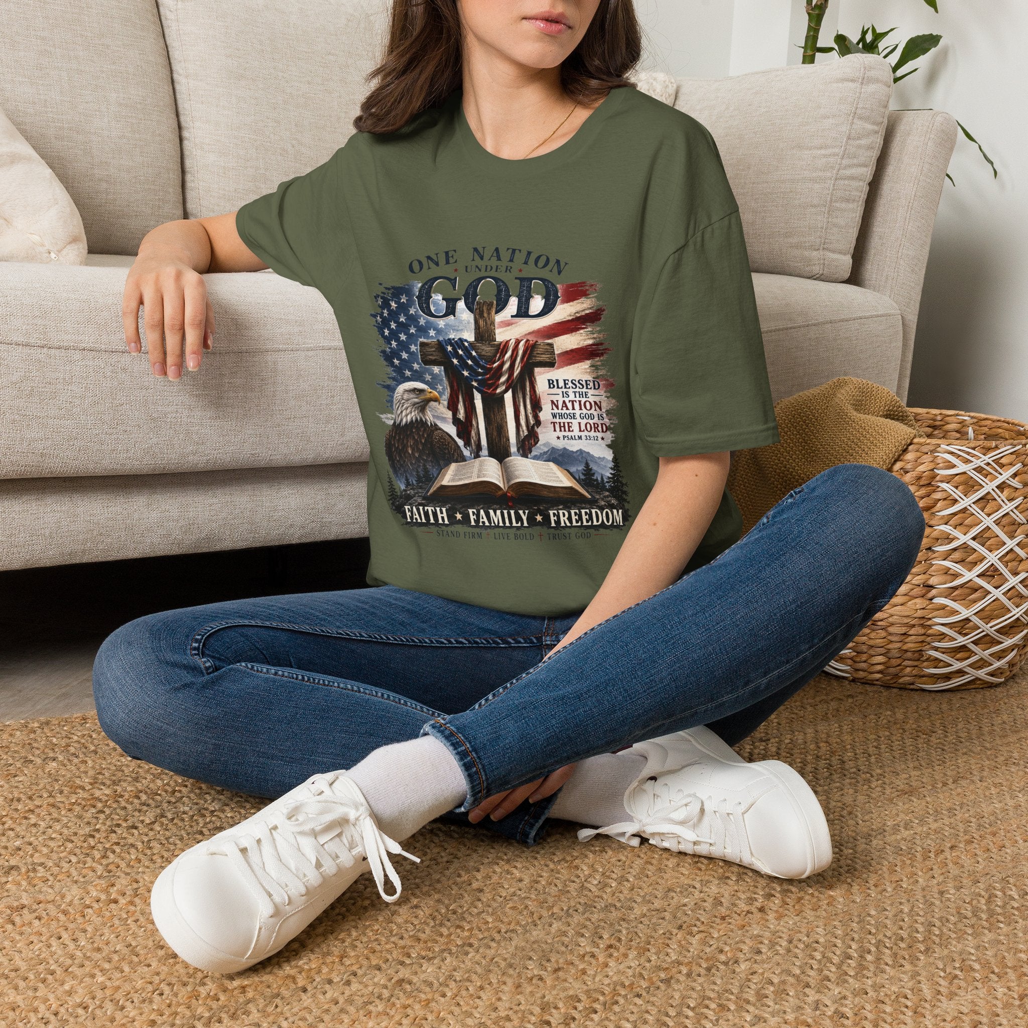 One Nation Under God T-Shirt — Patriotic American Flag Cross Design