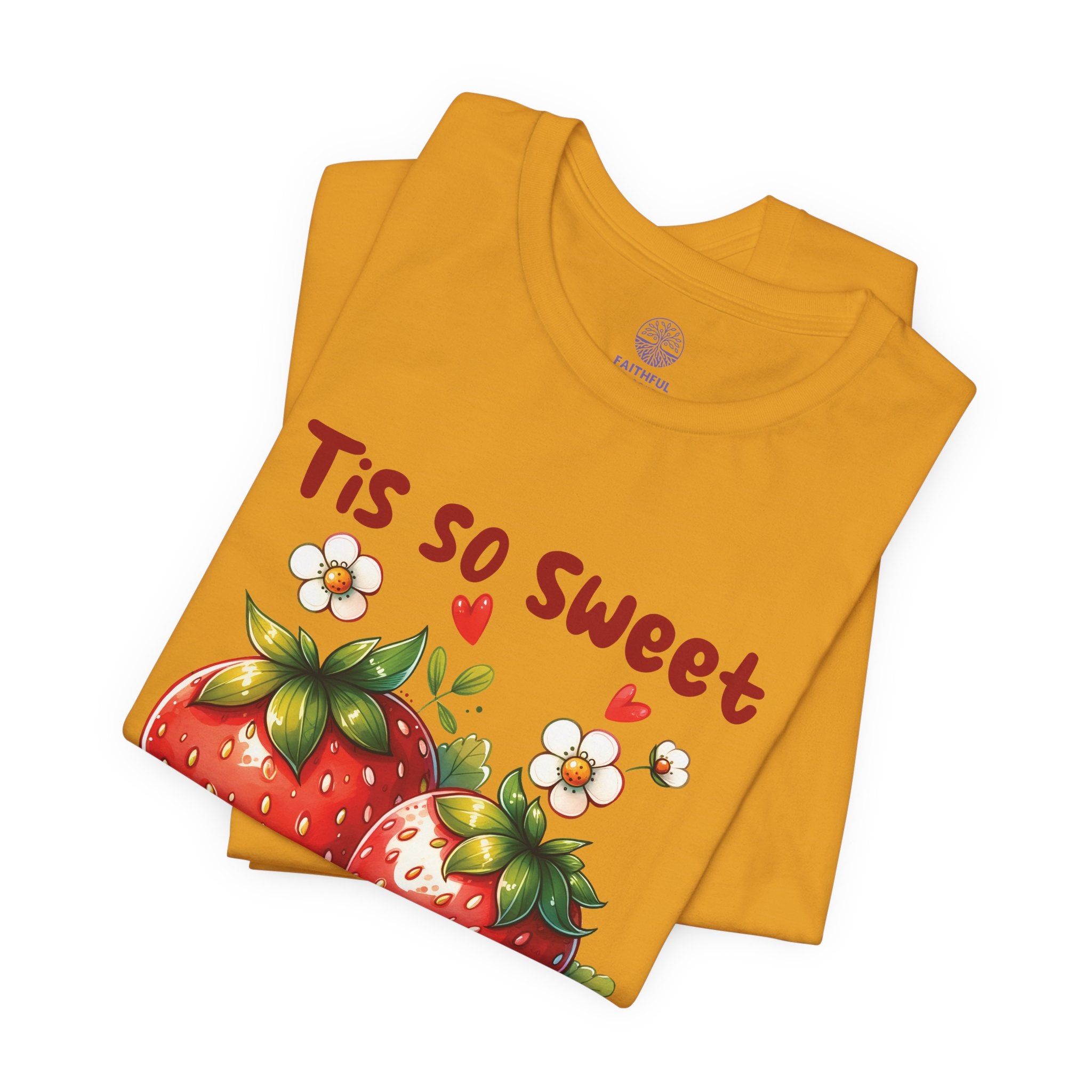 Christian Strawberry Tee — "Tis So Sweet to Trust in Jesus" Short Sleeve Shirt