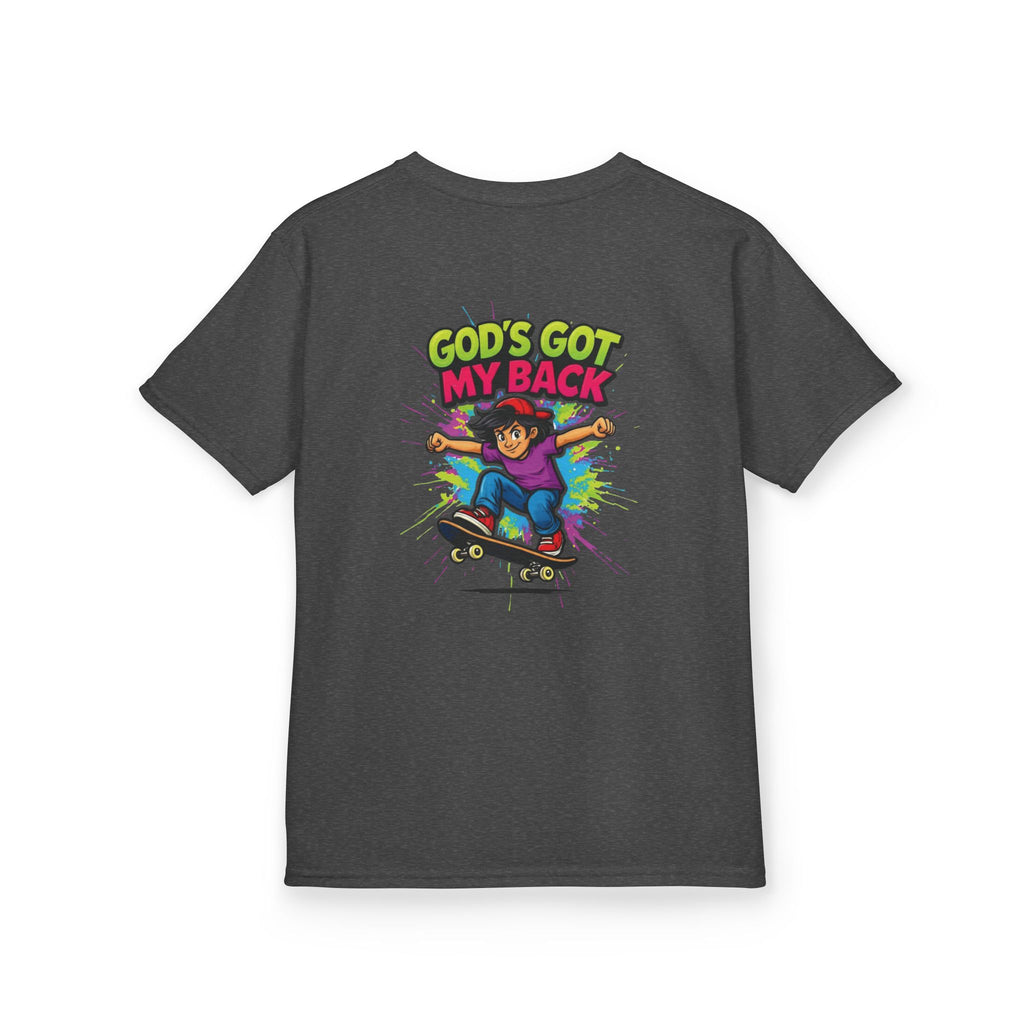 Kids Tee — "God's Got My Back" Colorful Skateboard Faith Shirt