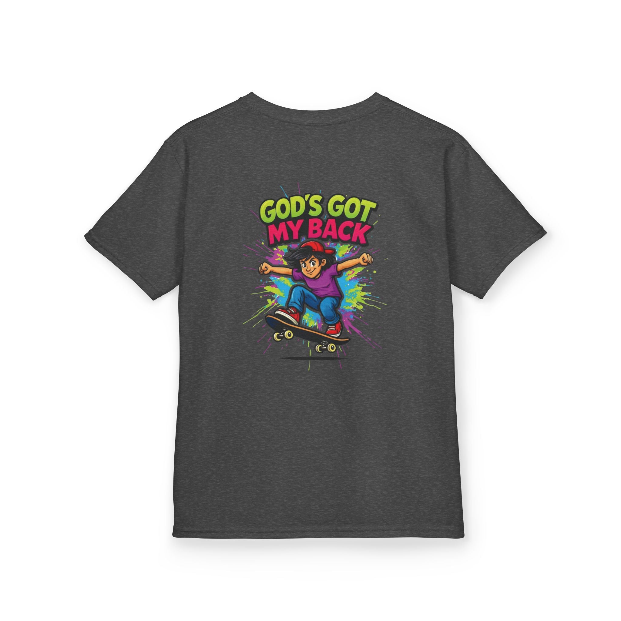 Kids Tee — "God's Got My Back" Colorful Skateboard Faith Shirt