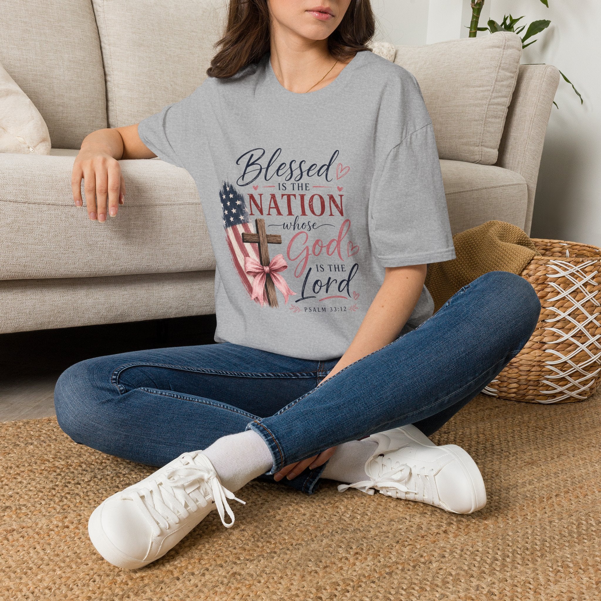 Blessed Is the Nation Christian T‑Shirt — Patriotic USA Flag & Cross Faith Tee