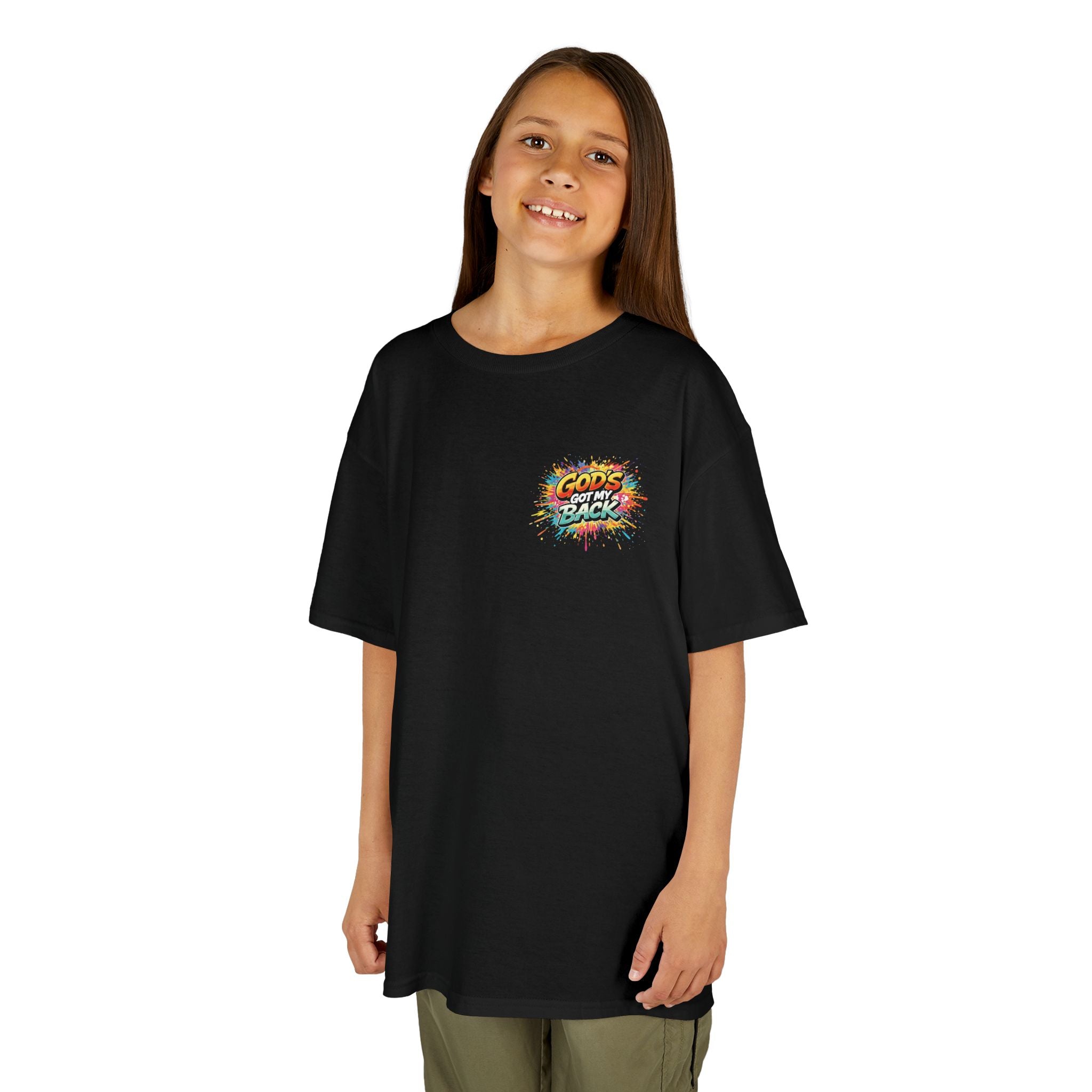 Kids Tee — "God's Got My Back" Colorful Skateboard Faith Shirt