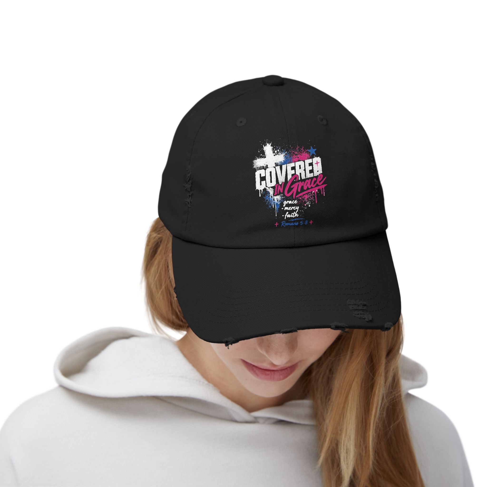 Distressed Baseball Cap — 'Covered In Grace' Retro Paint-Splash Design