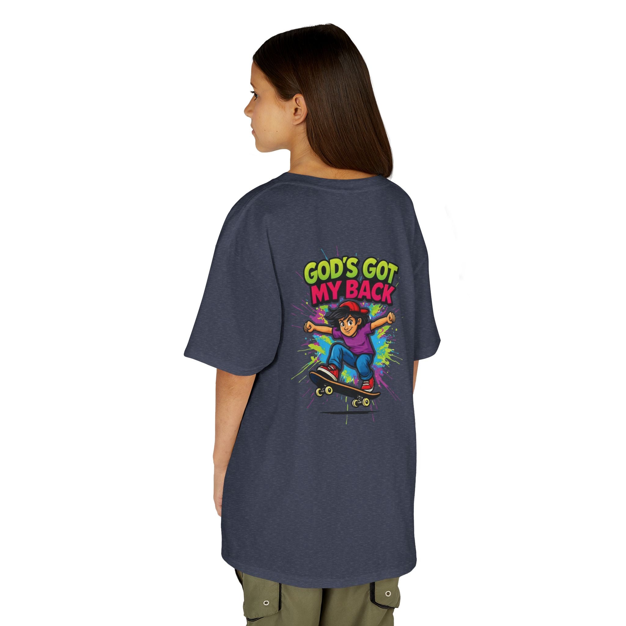 Kids Tee — "God's Got My Back" Colorful Skateboard Faith Shirt