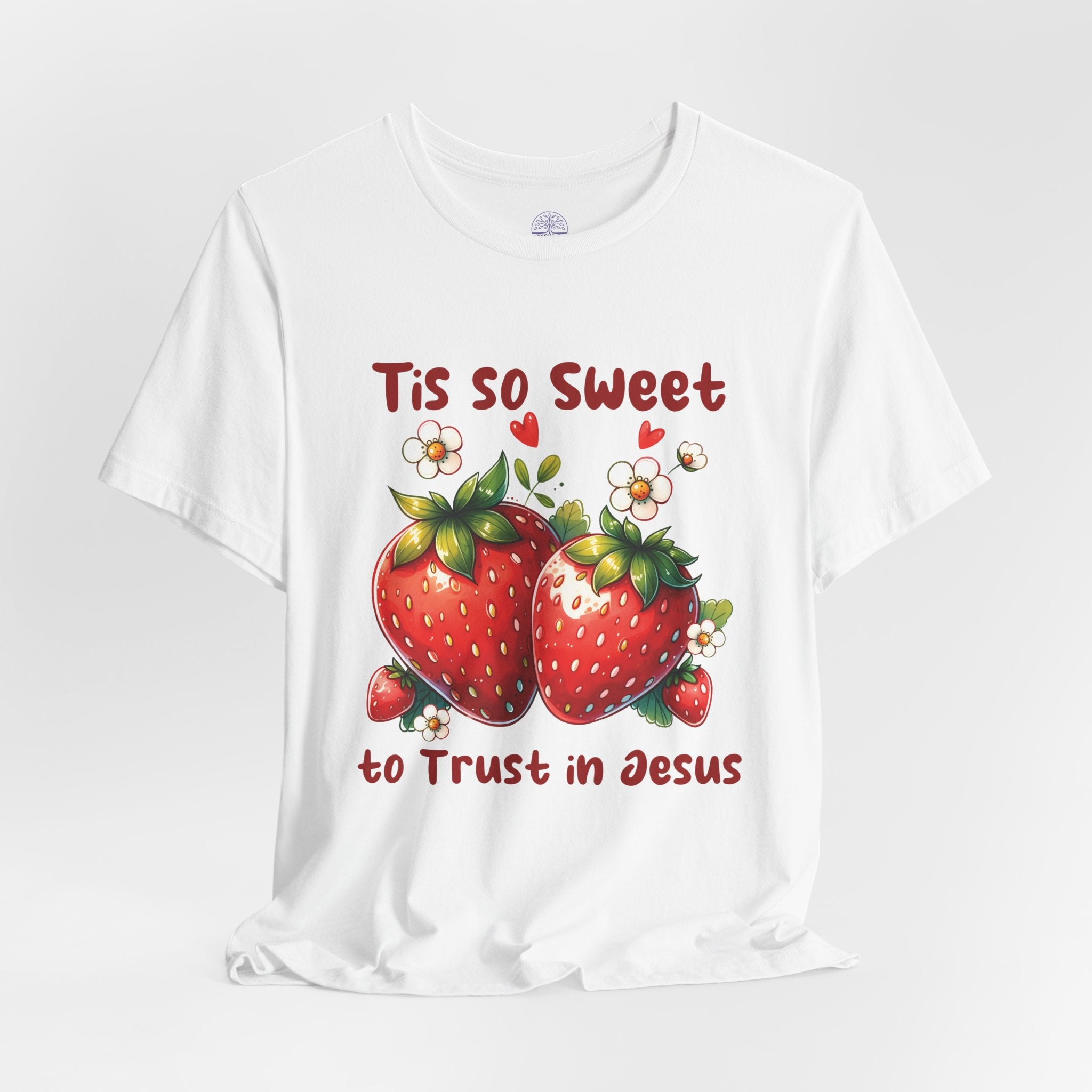 Christian Strawberry Tee — "Tis So Sweet to Trust in Jesus" Short Sleeve Shirt