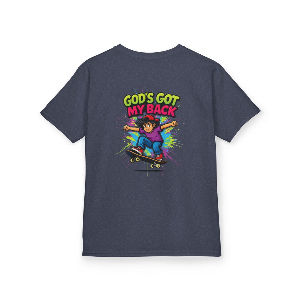 Kids Tee — "God's Got My Back" Colorful Skateboard Faith Shirt