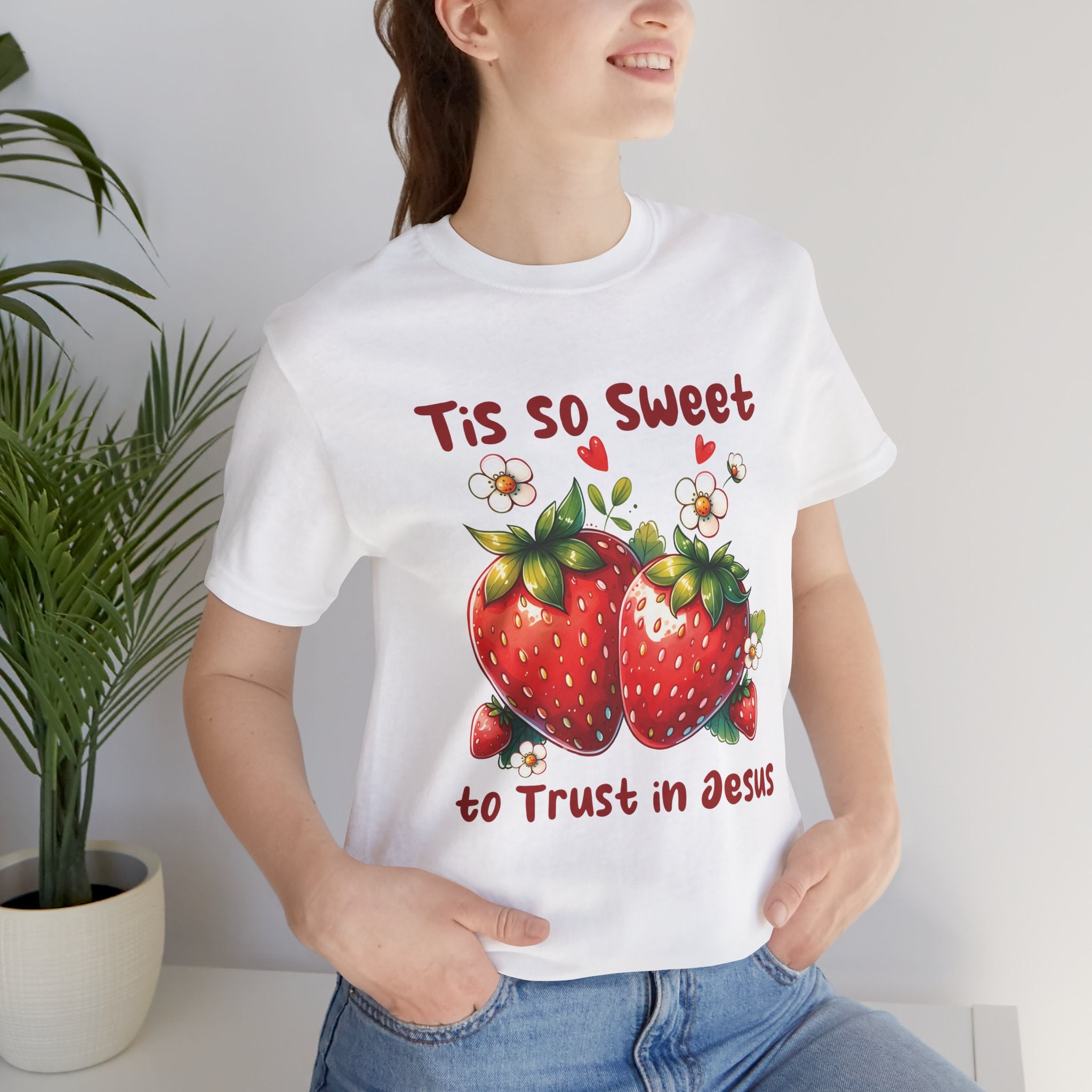 Christian Strawberry Tee — "Tis So Sweet to Trust in Jesus" Short Sleeve Shirt