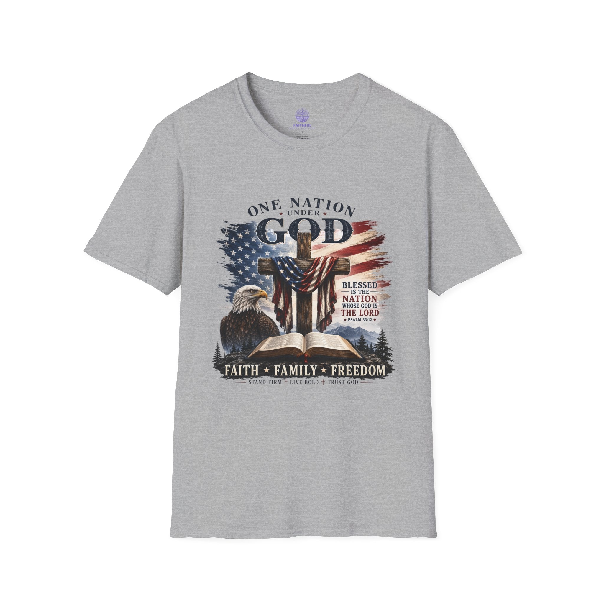 One Nation Under God T-Shirt — Patriotic American Flag Cross Design