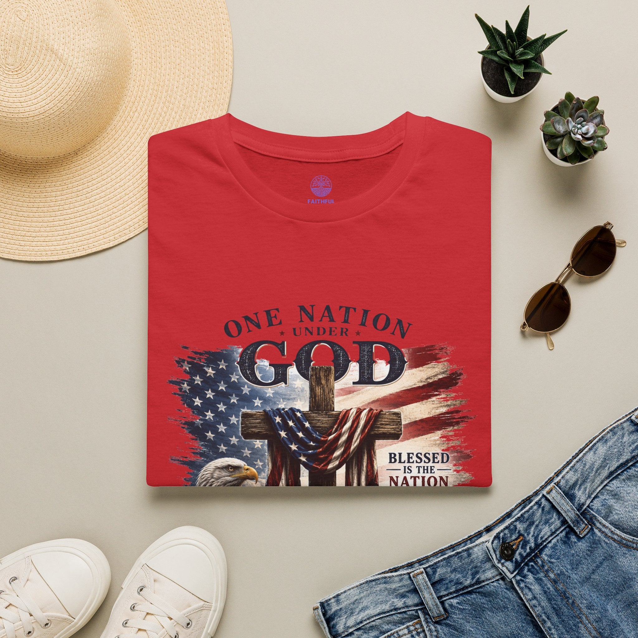 One Nation Under God T-Shirt — Patriotic American Flag Cross Design