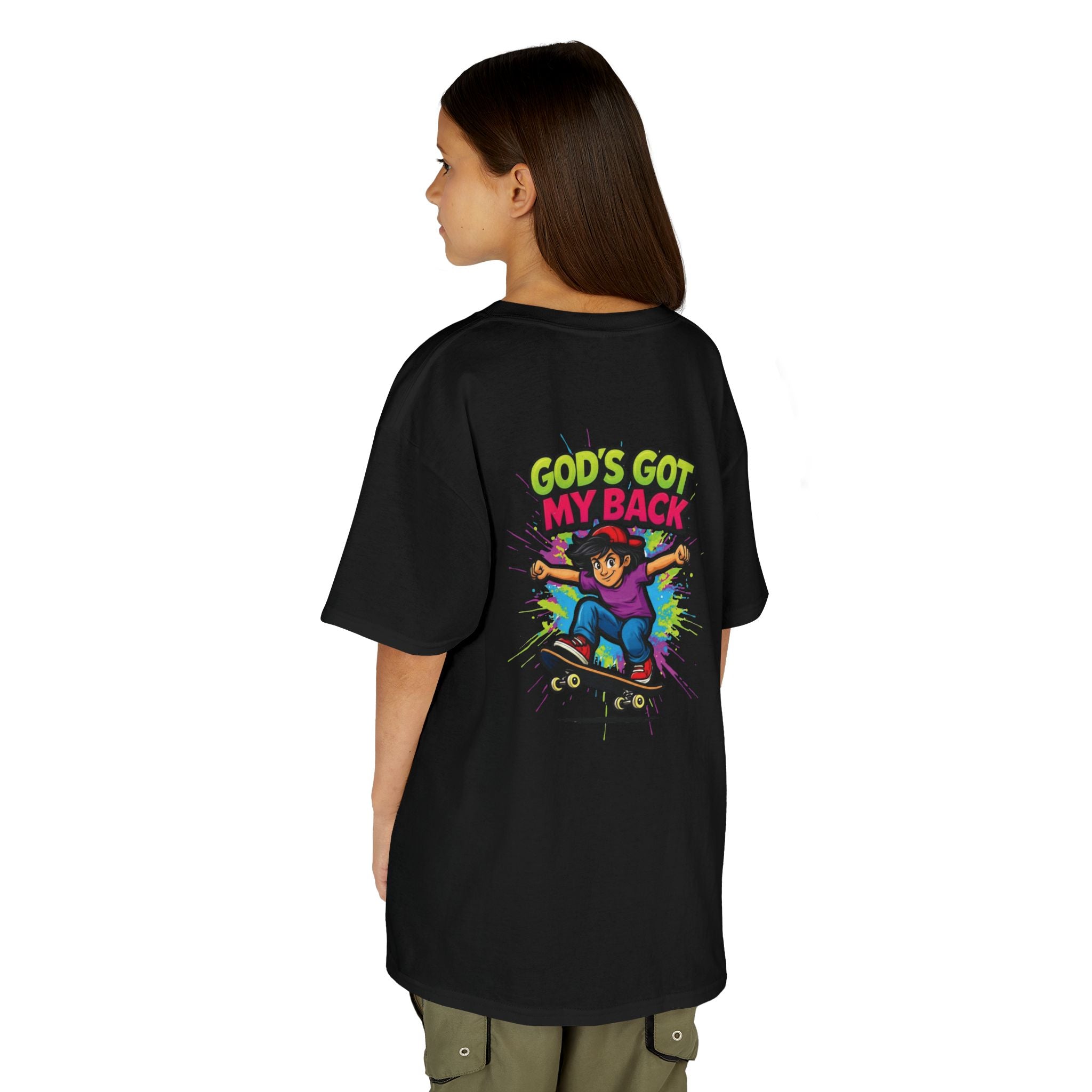 Kids Tee — "God's Got My Back" Colorful Skateboard Faith Shirt