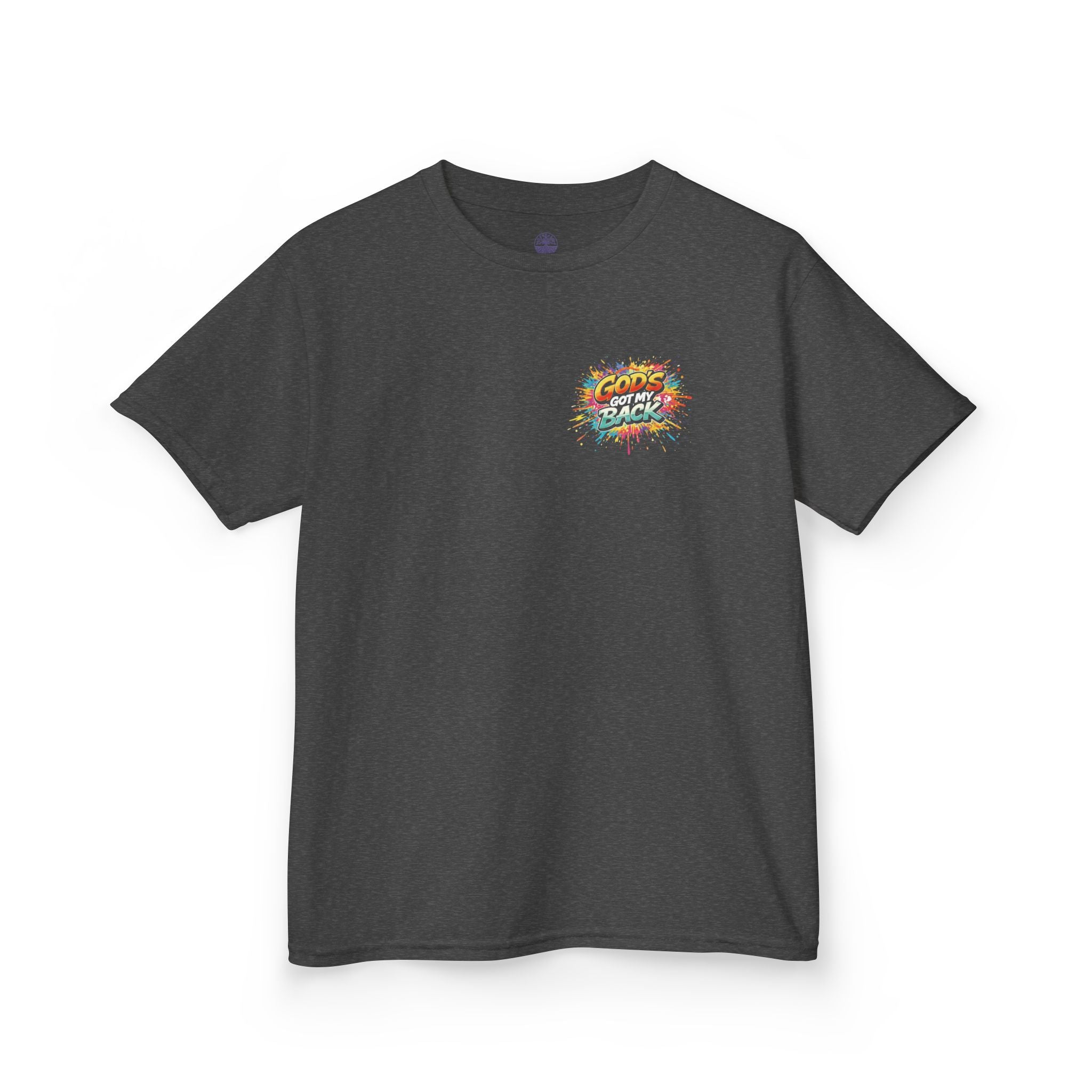 Kids Tee — "God's Got My Back" Colorful Skateboard Faith Shirt